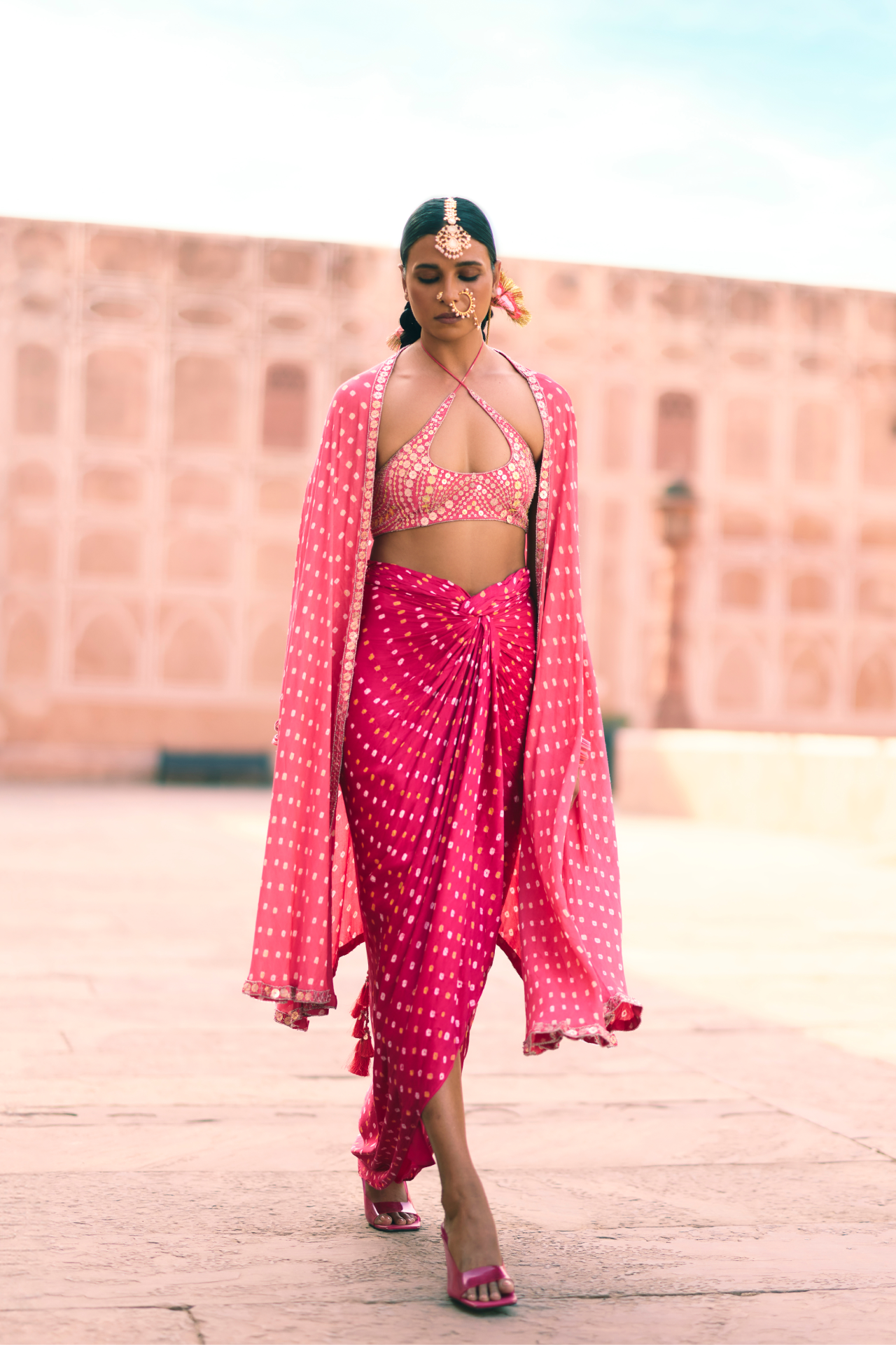 Pink Bandhani Drape Skirt