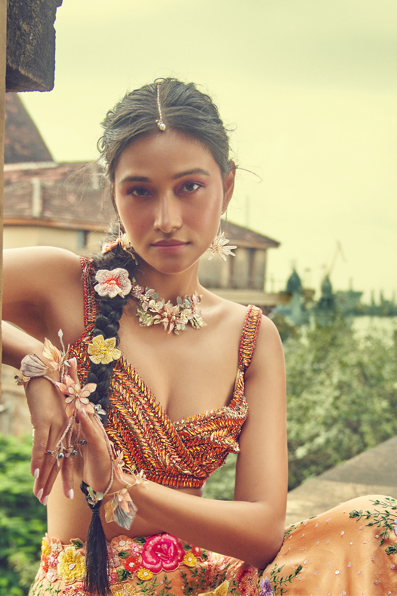Peach Choli With Gold Sequins