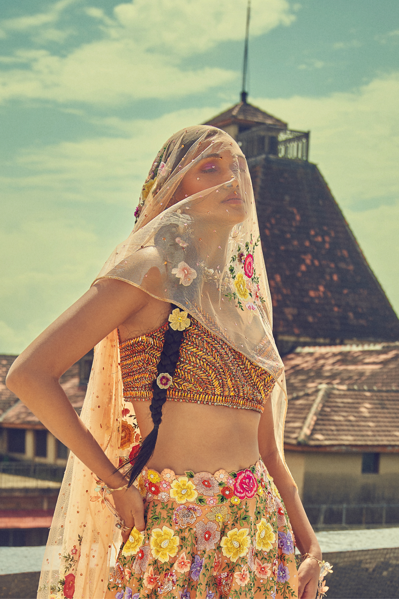 Peach Choli With Gold Sequins
