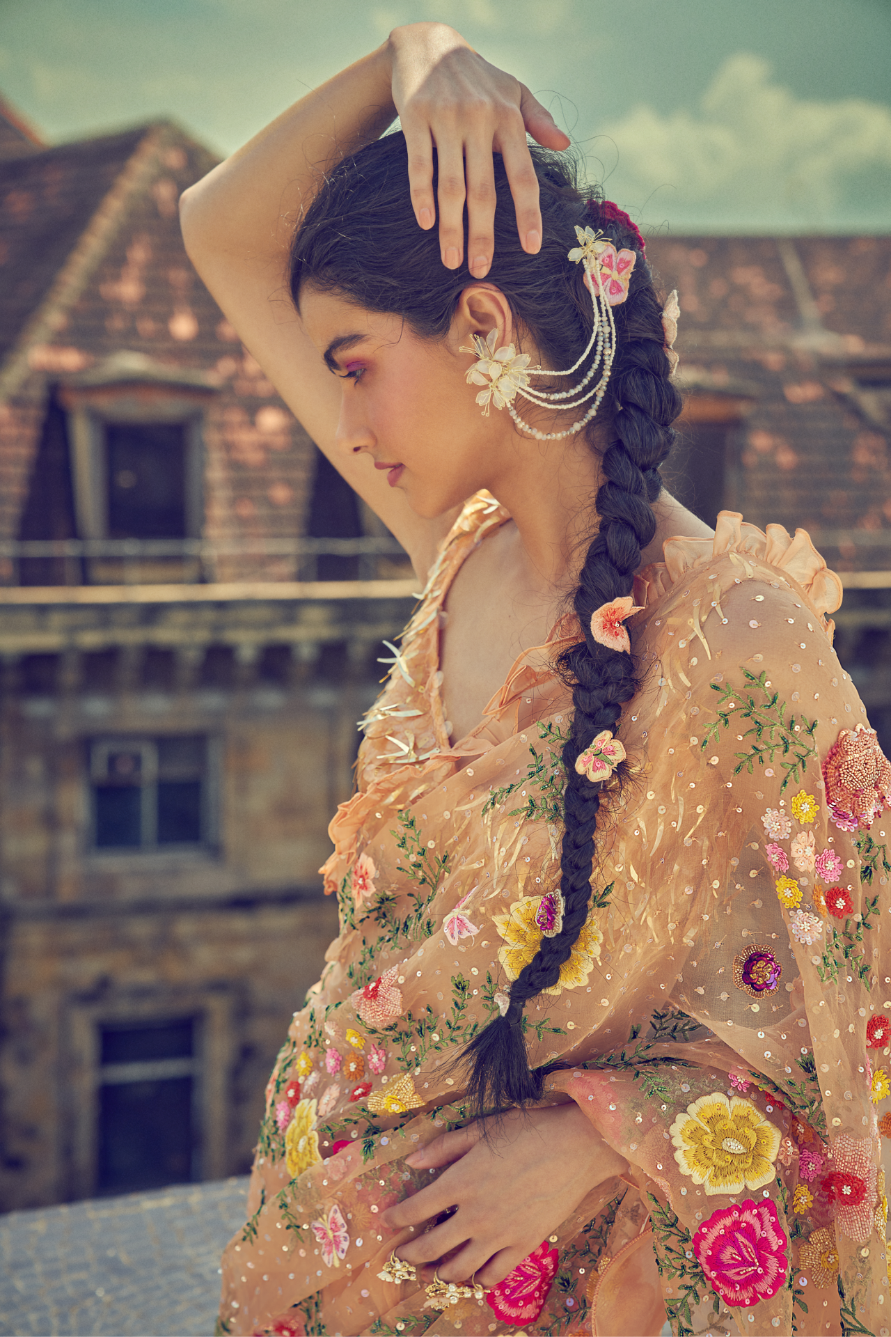 Peach Floral Saree with Ruffle