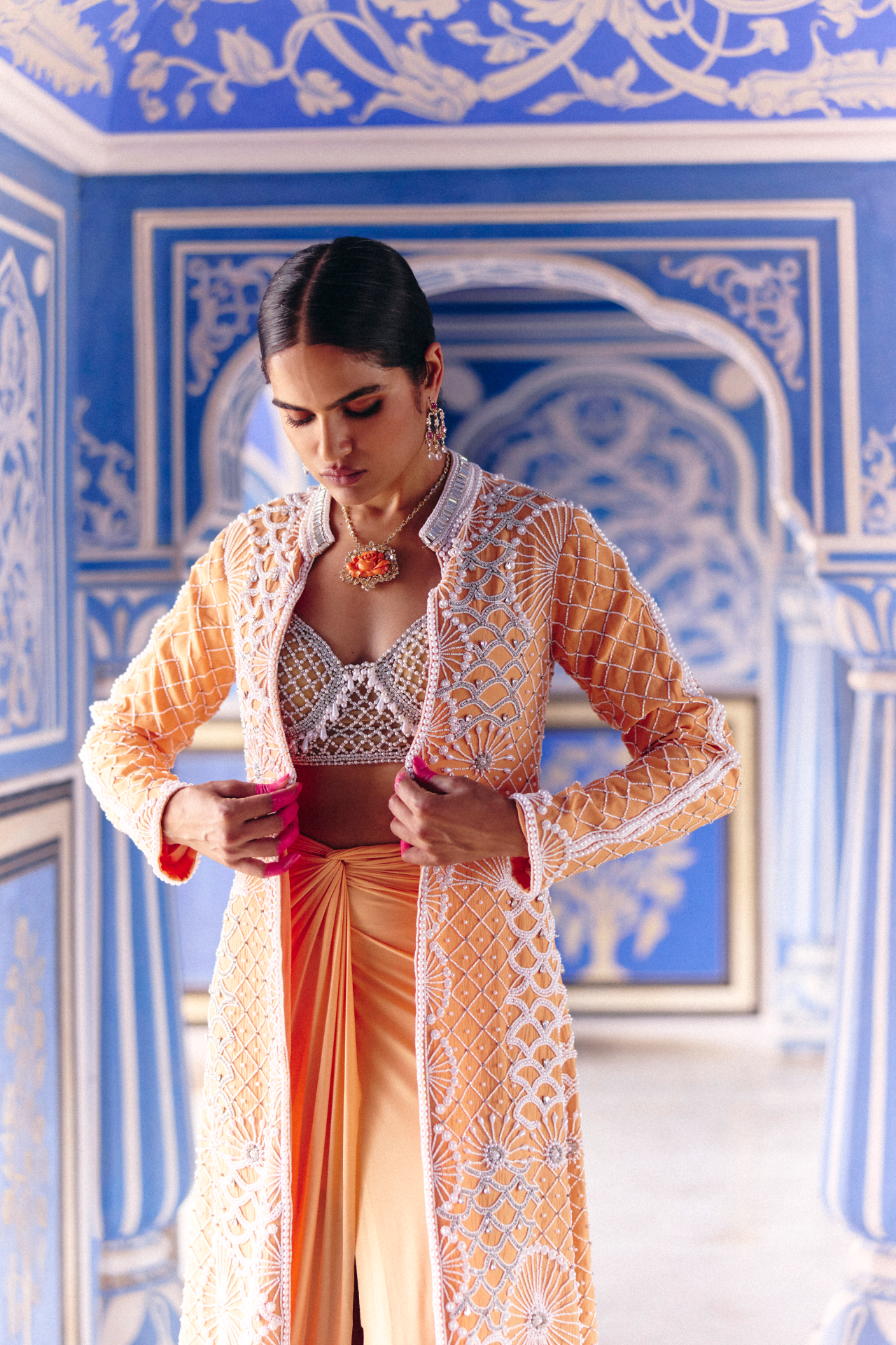 Peach Long Cape With Embroidery