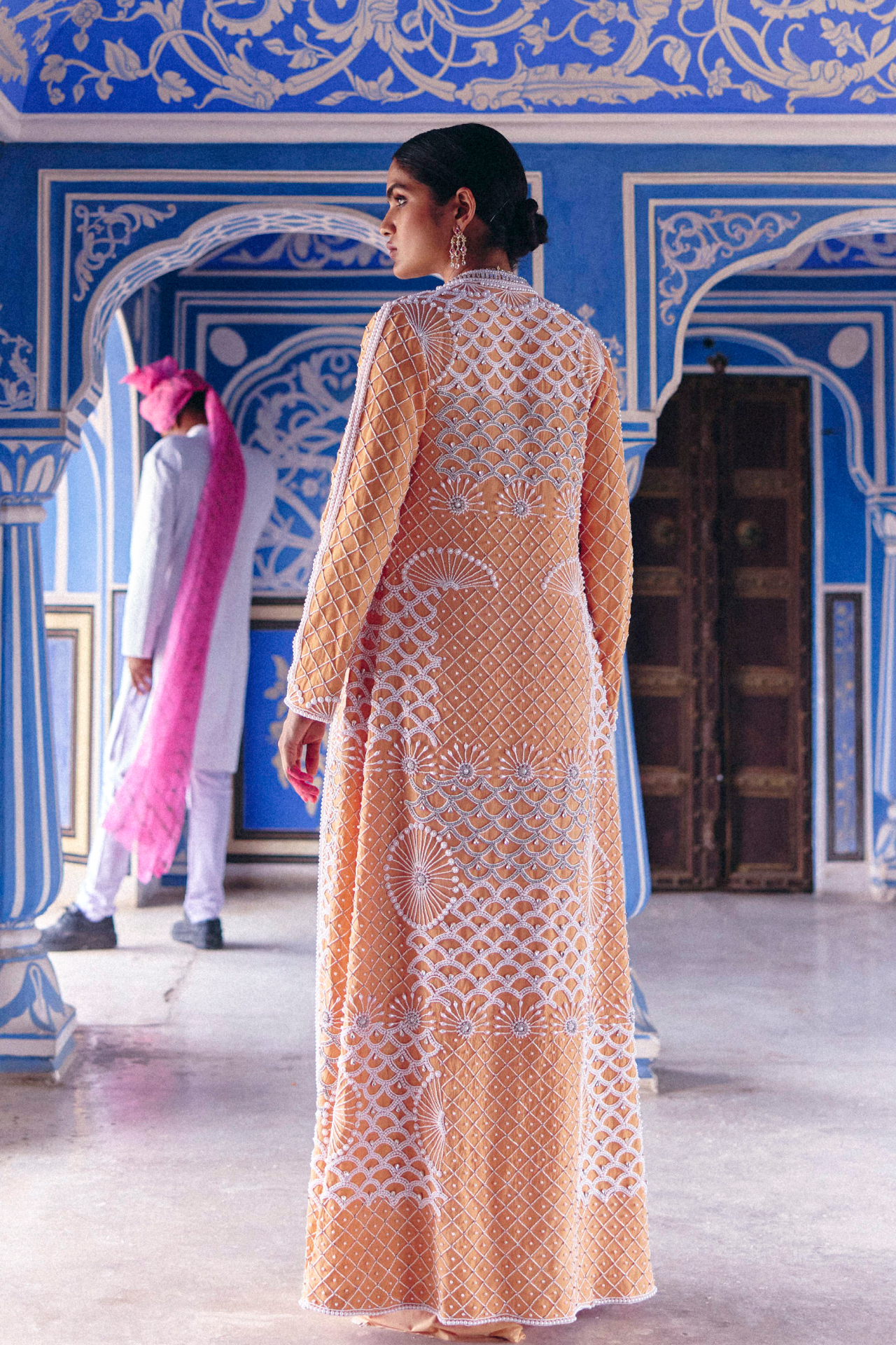 Peach Long Cape With Embroidery