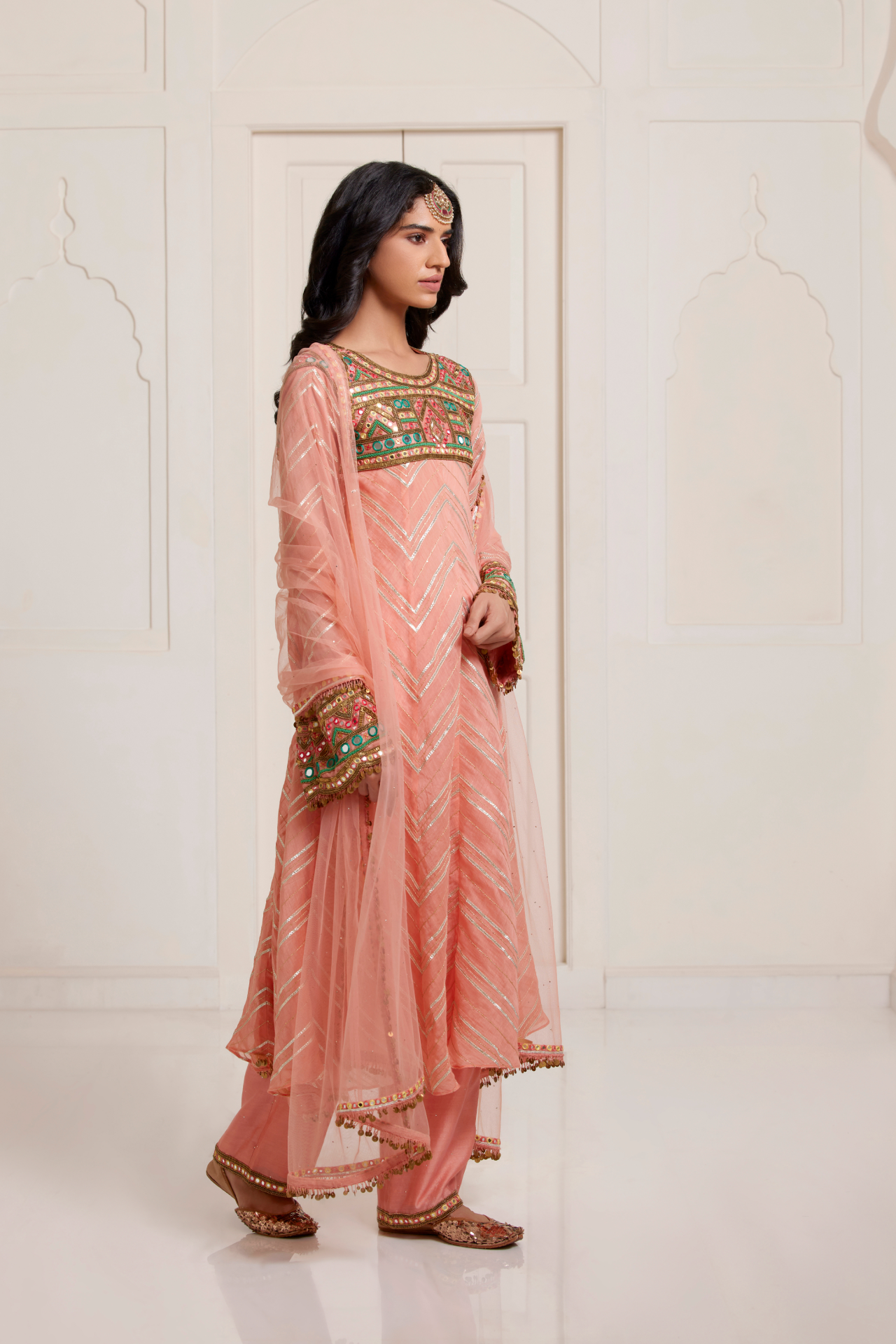 Peach Embroidered Yoke Kurta