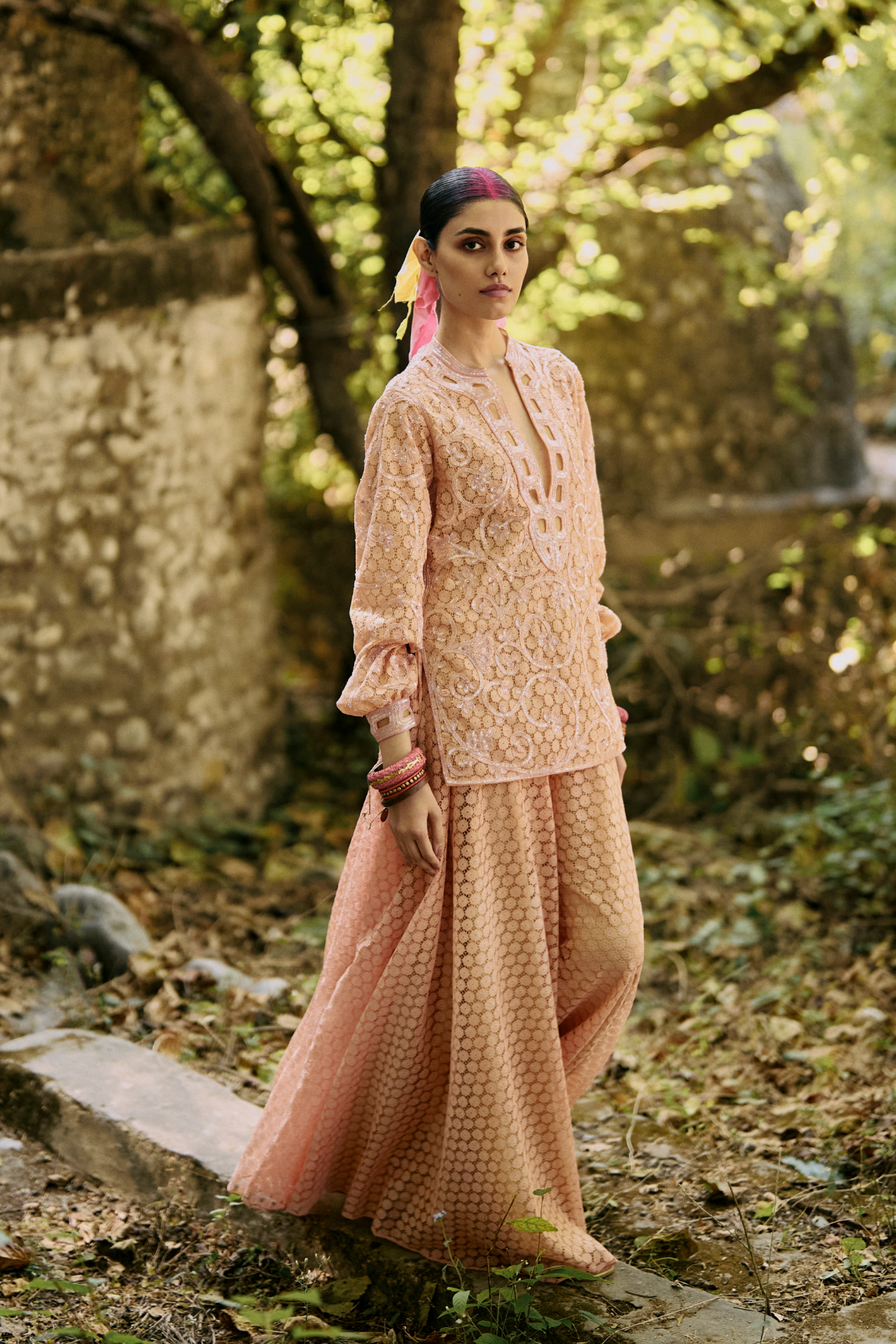 Peach Lace Flared Pants