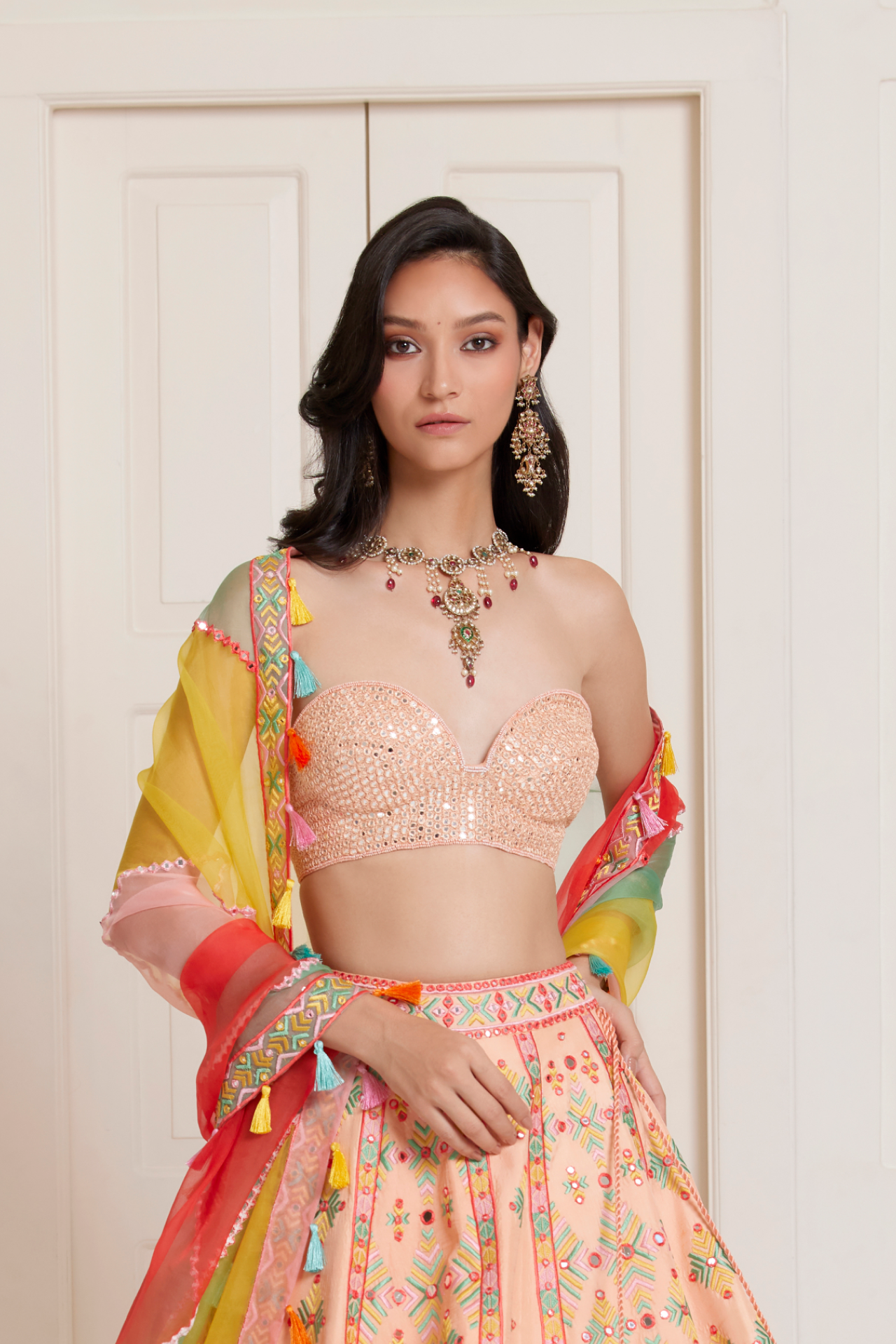 Peach Full Mirror Embroidered Choli