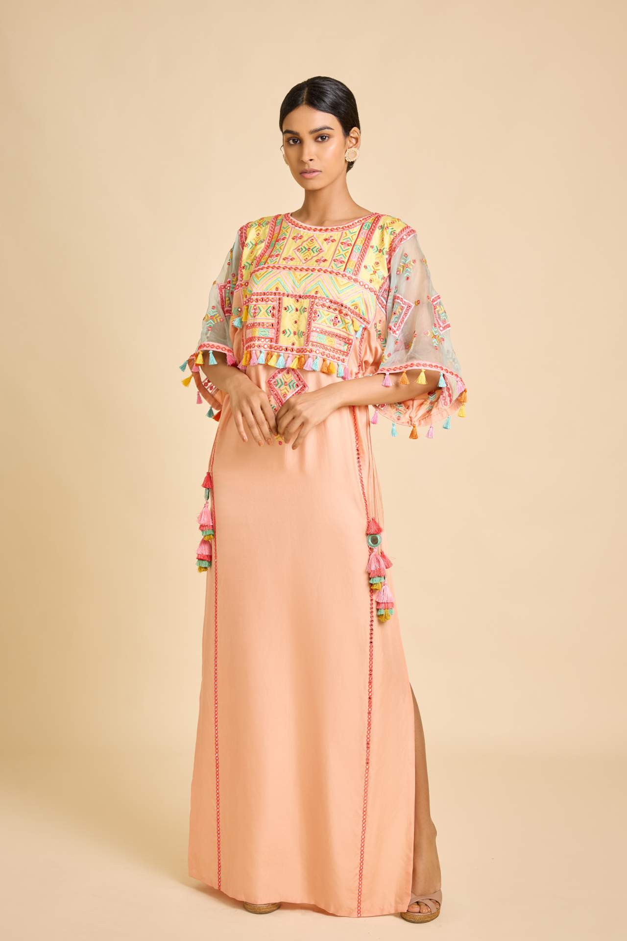 Peach Kaftan With Embroidered Yoke