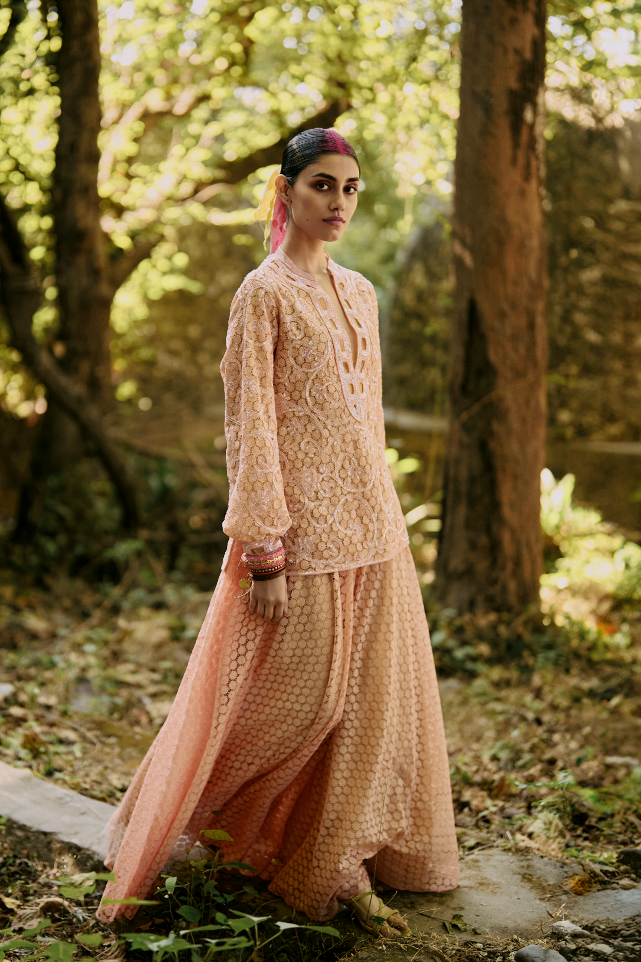 Peach Lace Flared Pants