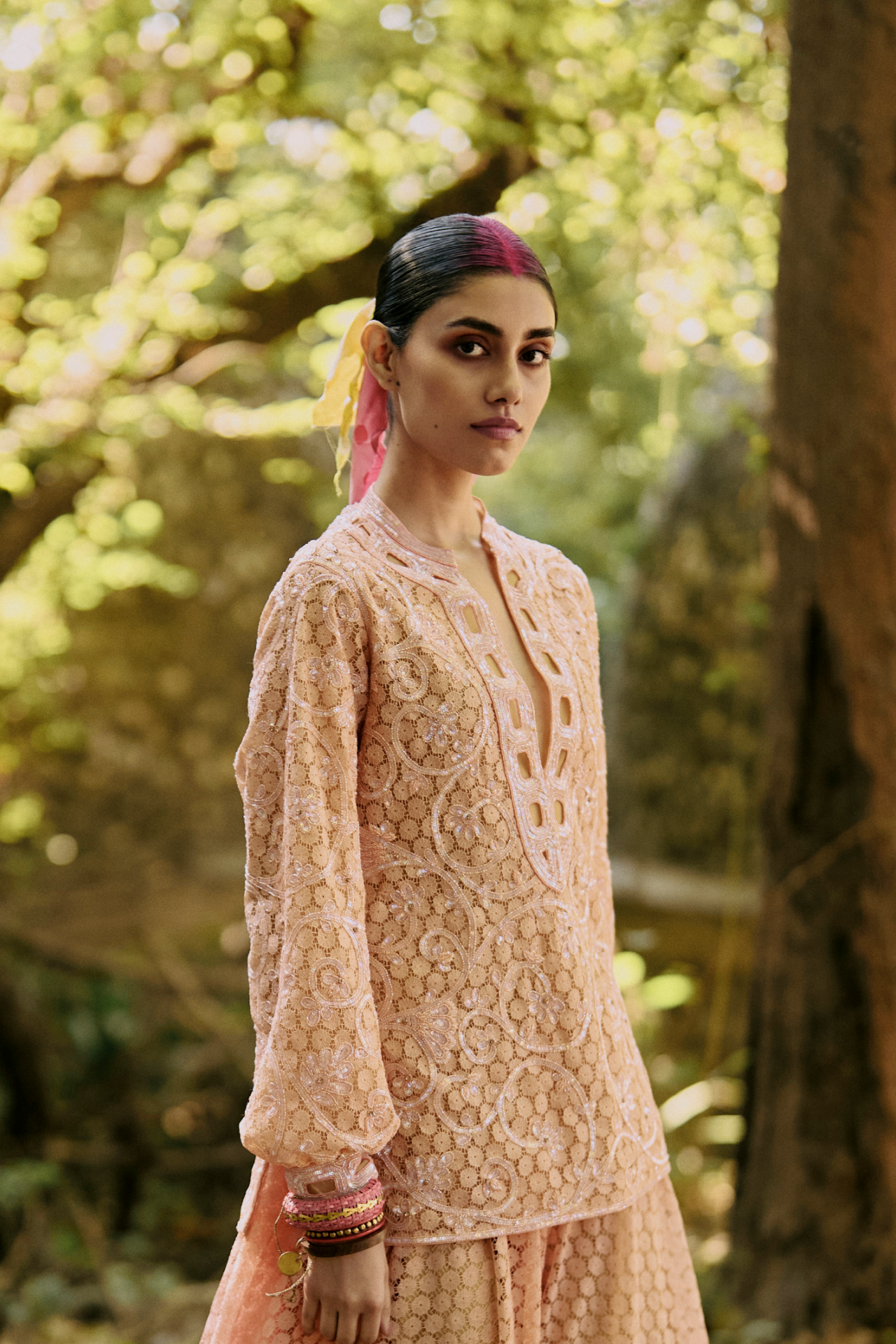 Peach Lace Top With Jaal Embroidery