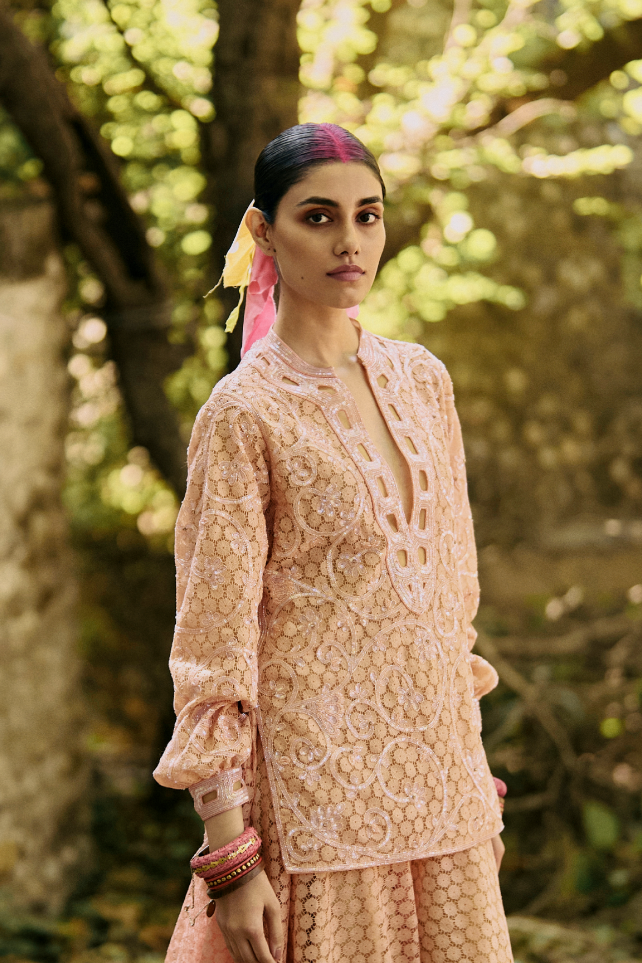 Peach Lace Top With Jaal Embroidery
