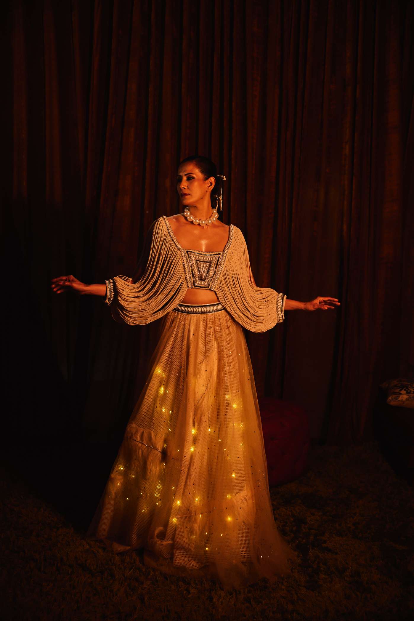 Beige Long Skirt With Feathers