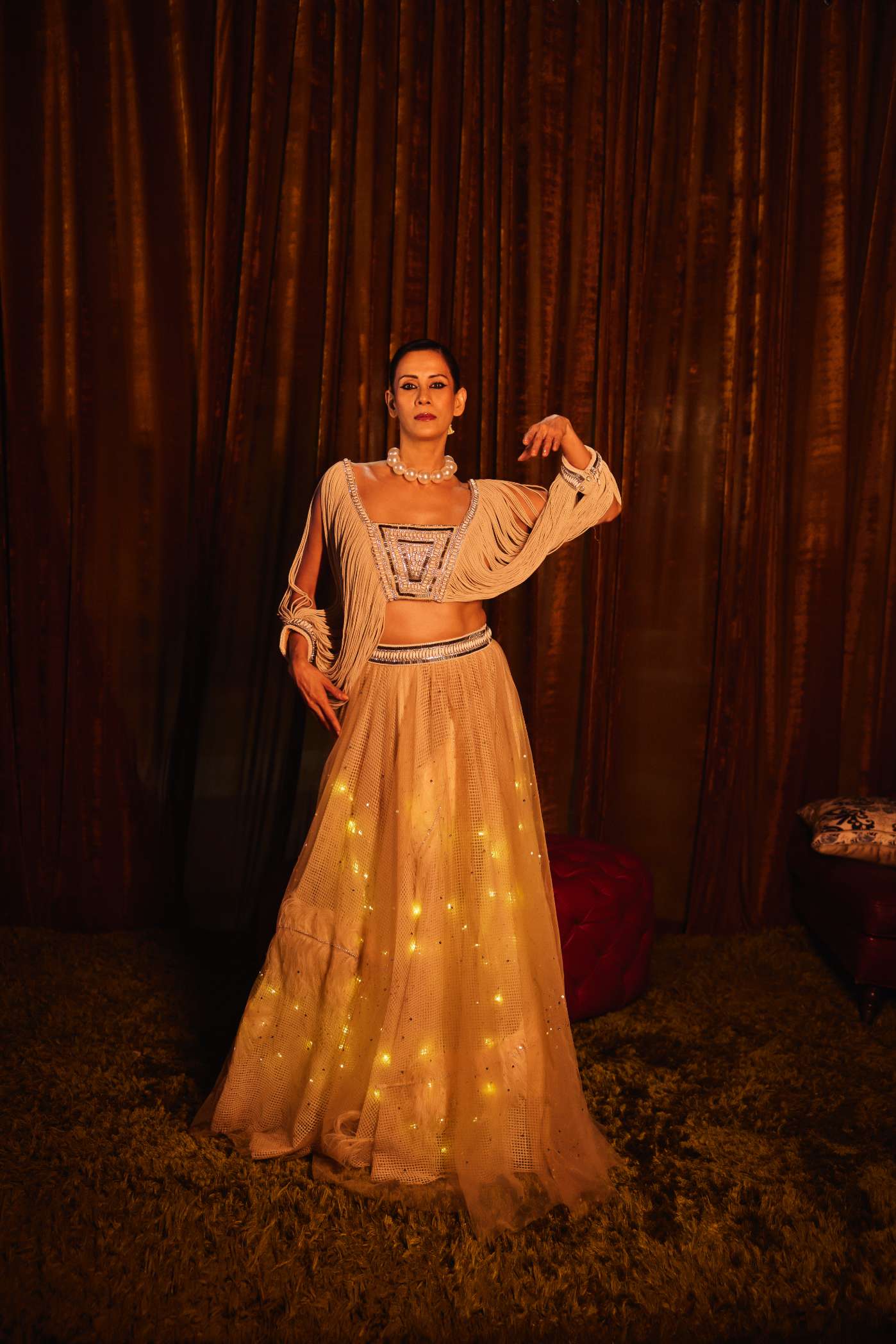 Beige Long Skirt With Feathers