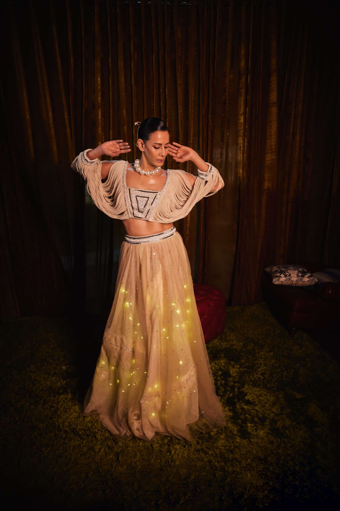 Beige Long Skirt With Feathers