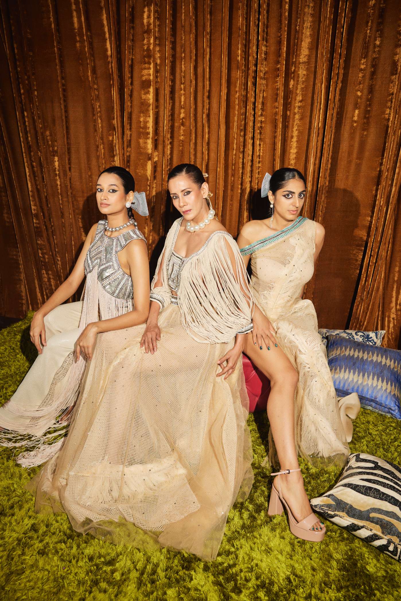 Beige Long Skirt With Feathers