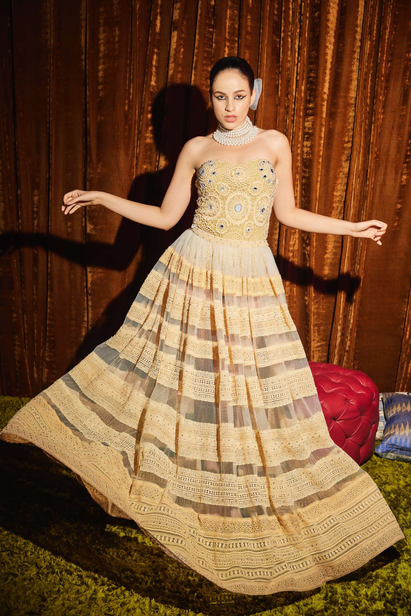 Beige Skirt With Borders And
Diamond Embellishments