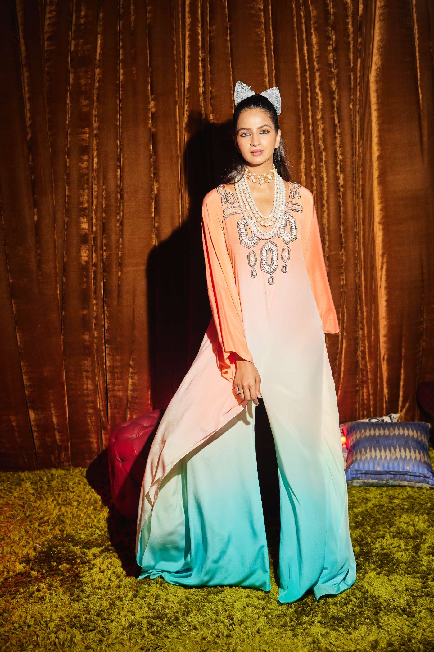 Shaded Jumpsuit With Hexagon Embroidery