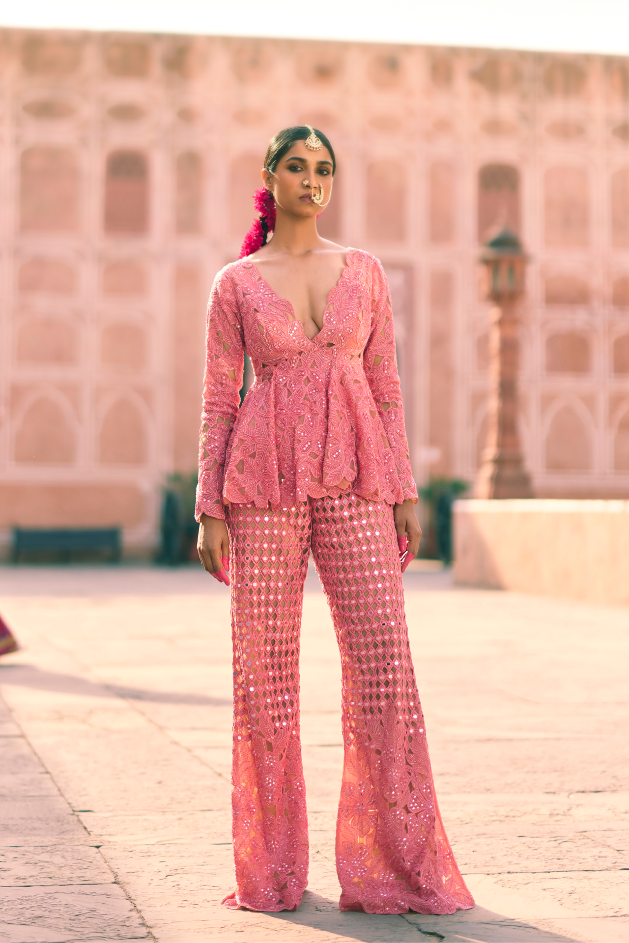 Pink Cutwork Mirror Pants