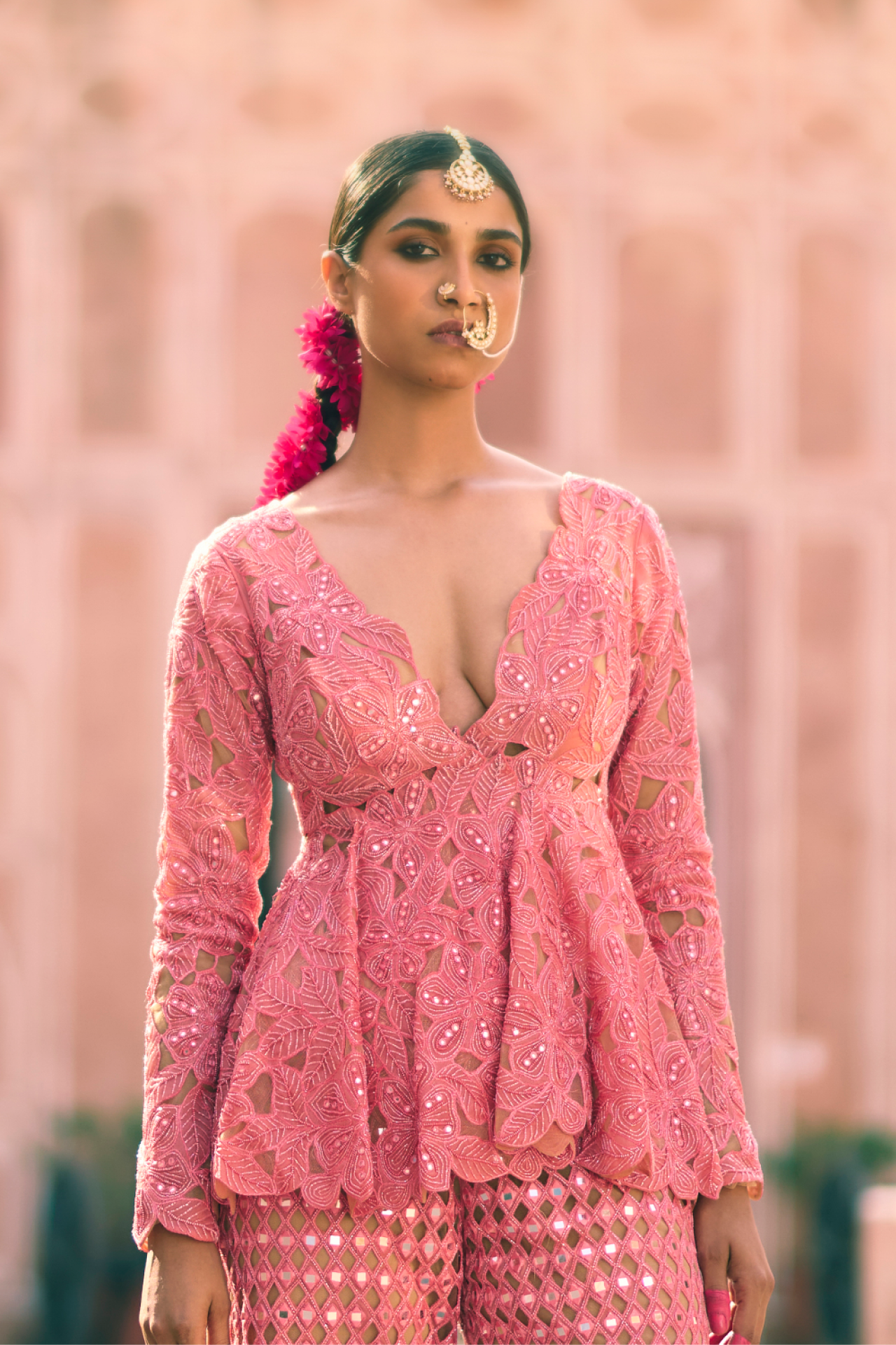 Pink Cutwork Peplum Top