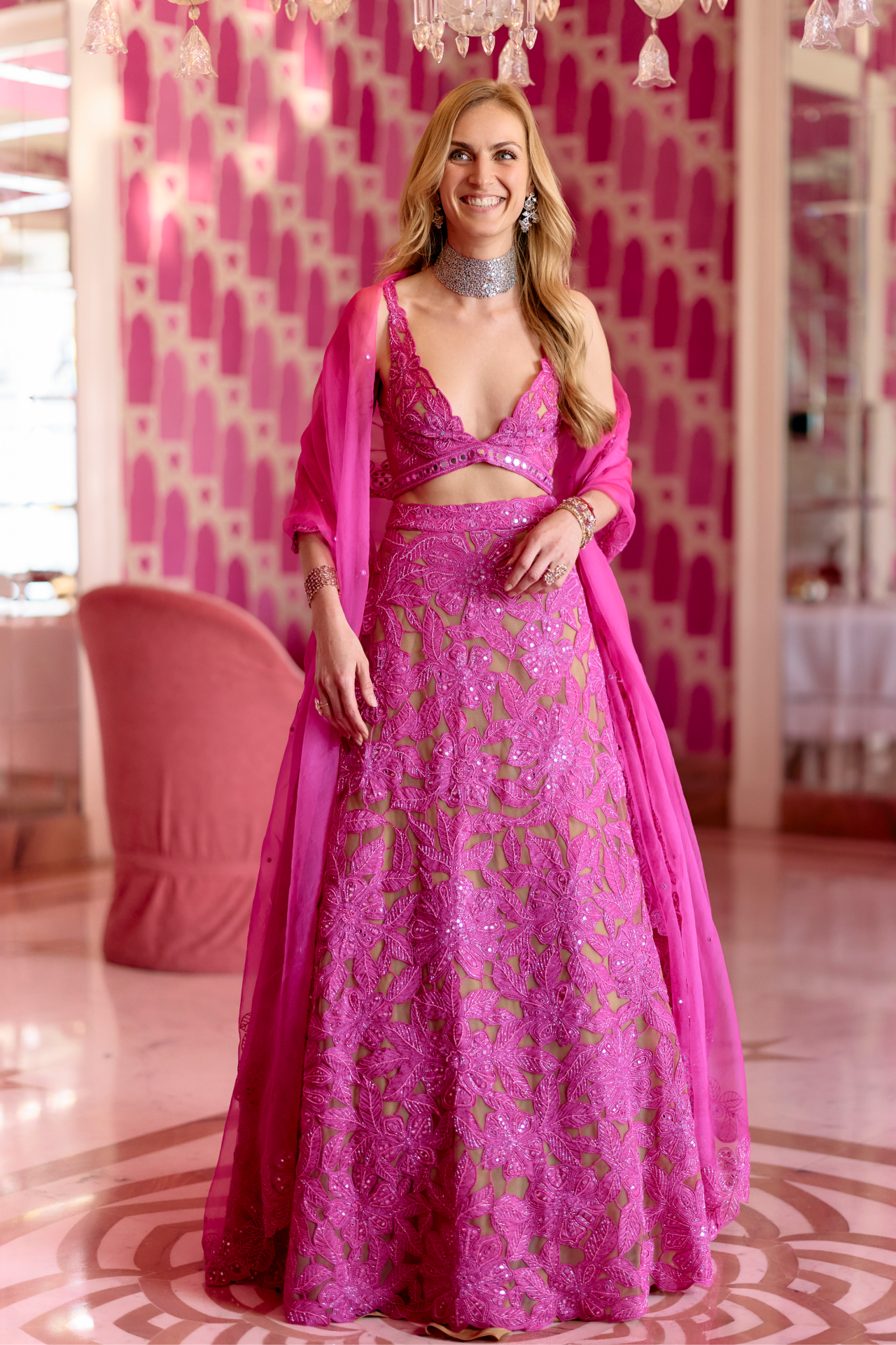 Pink Cutwork Skirt With Can Can