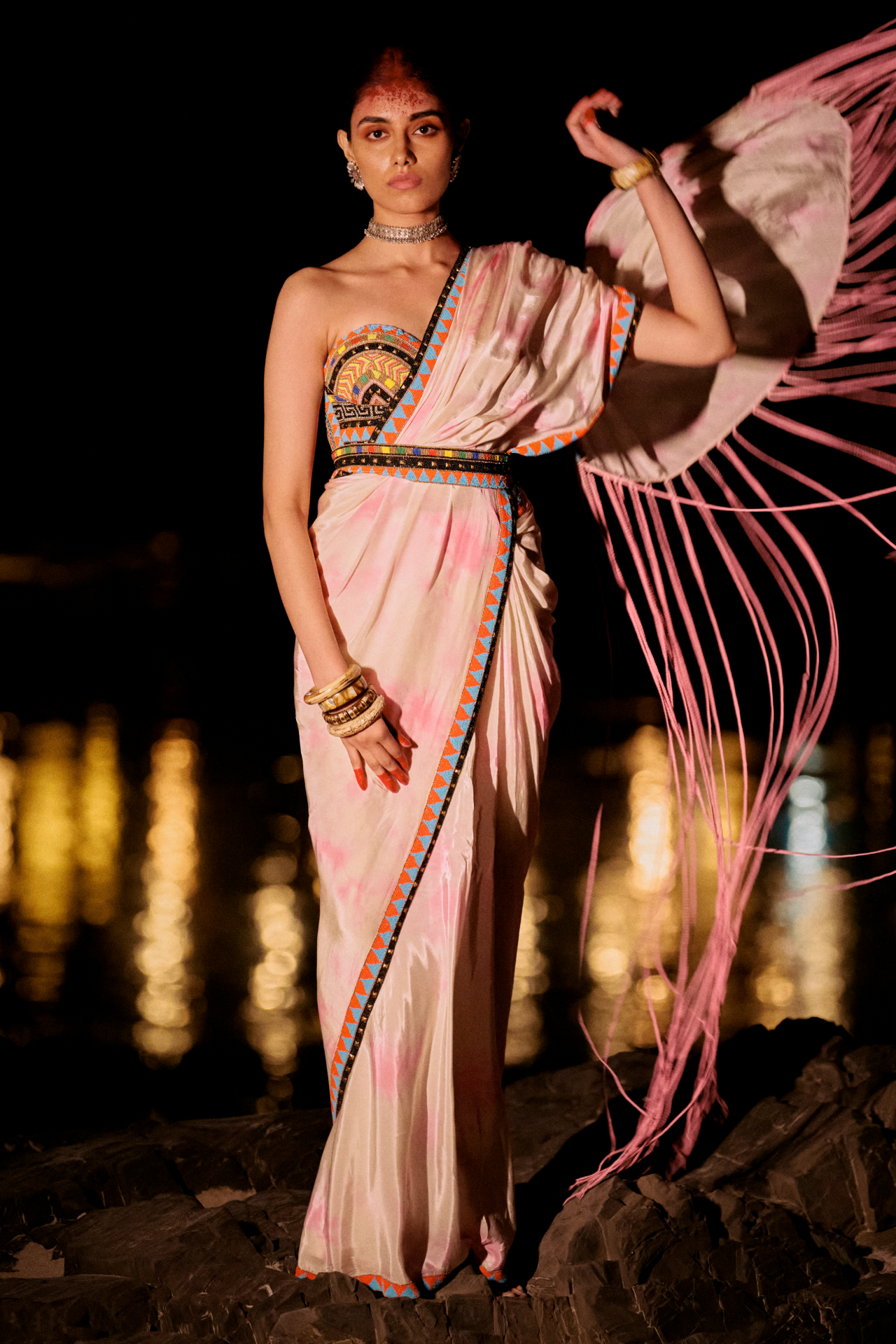 Pink Tie-Dye Saree with Pink Fringe