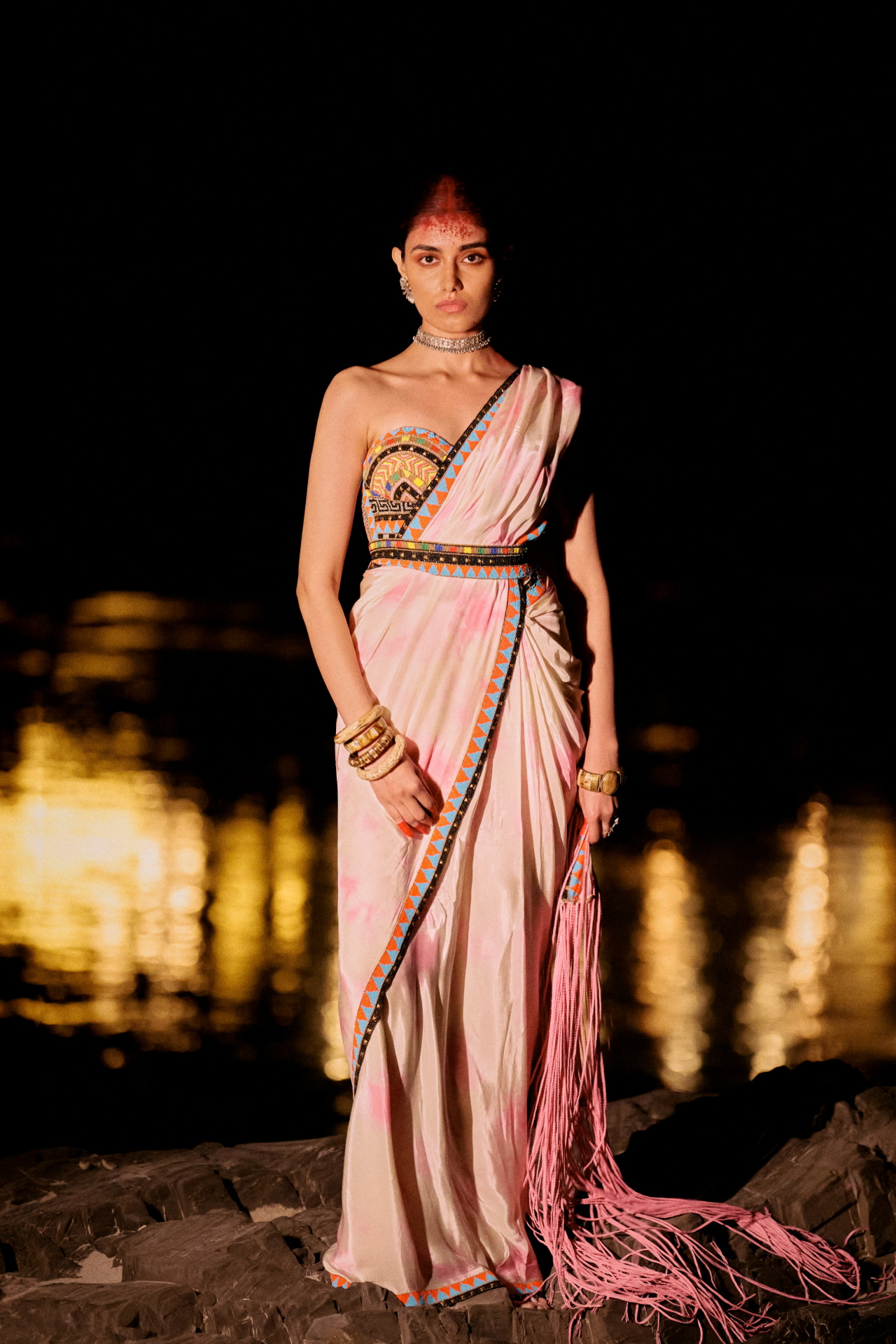 Pink Tie-Dye Saree with Pink Fringe