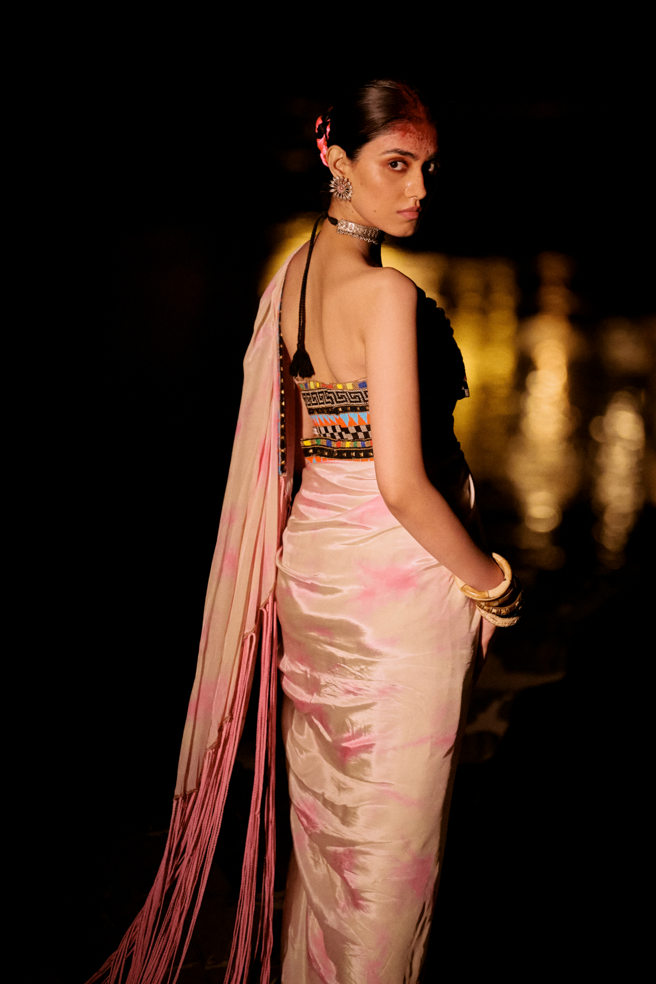 Pink Tie-Dye Saree with Pink Fringe