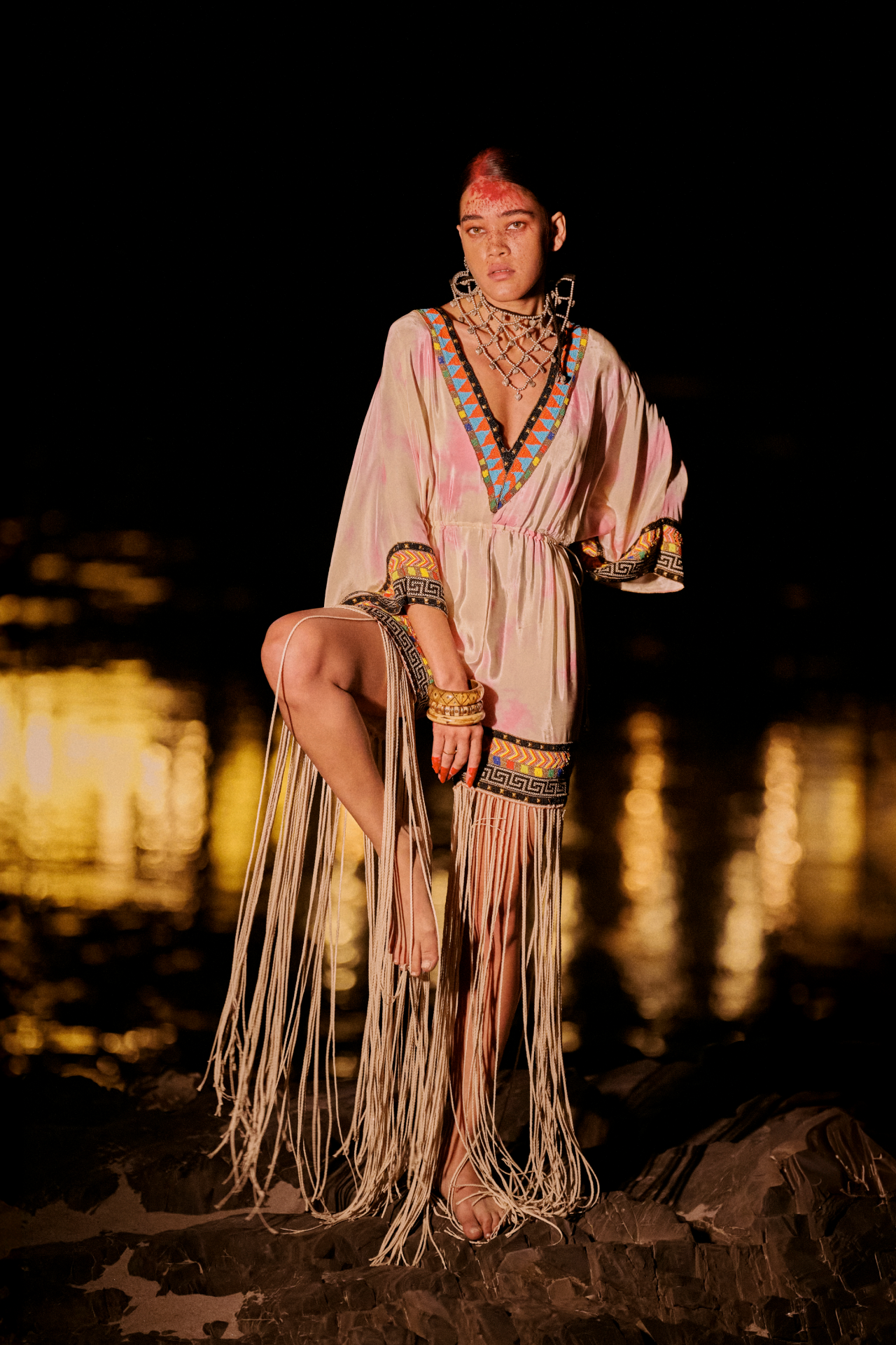 Pink And White Tie-Dye Romper With Ivory Fringes