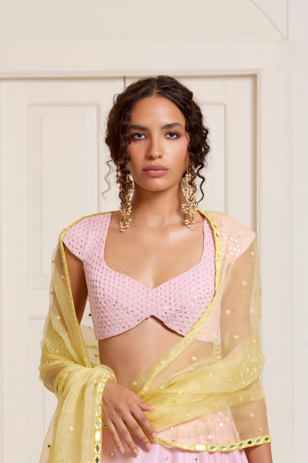 Pink Mirror And Bead Embroidered Choli With Cap Sleeves