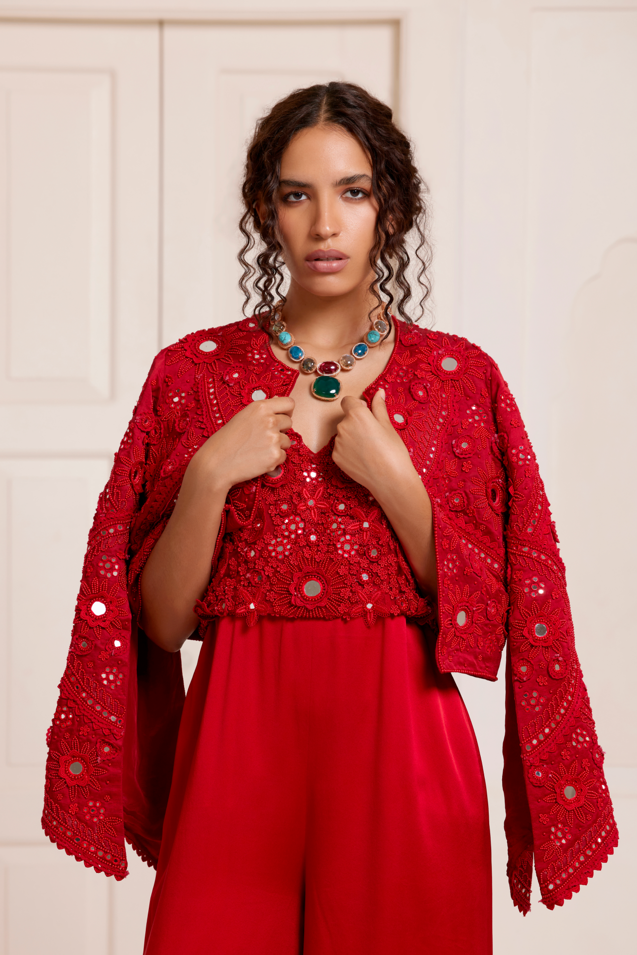 Red Embroidered Jumpsuit