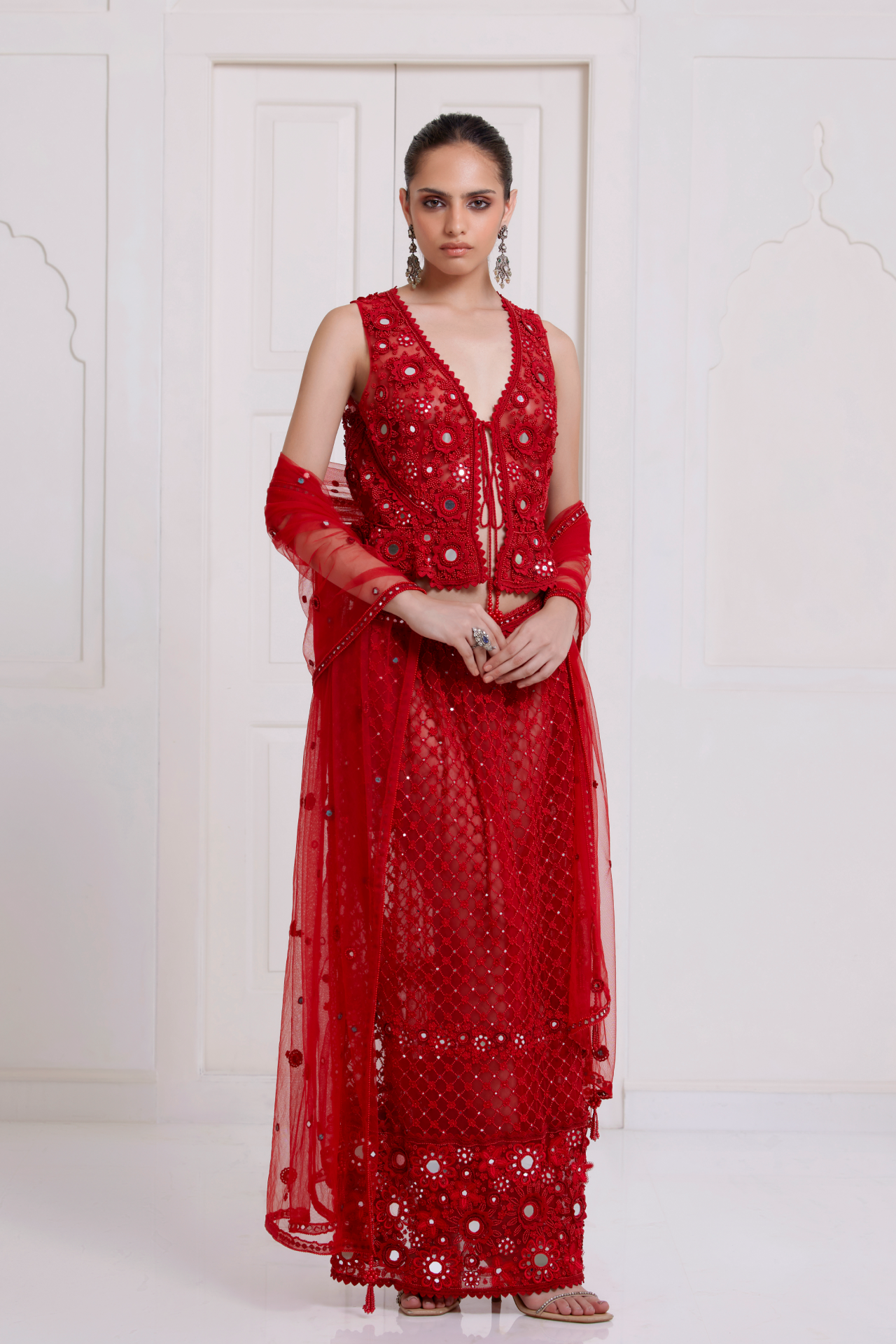 Red Net Mirror Dupatta