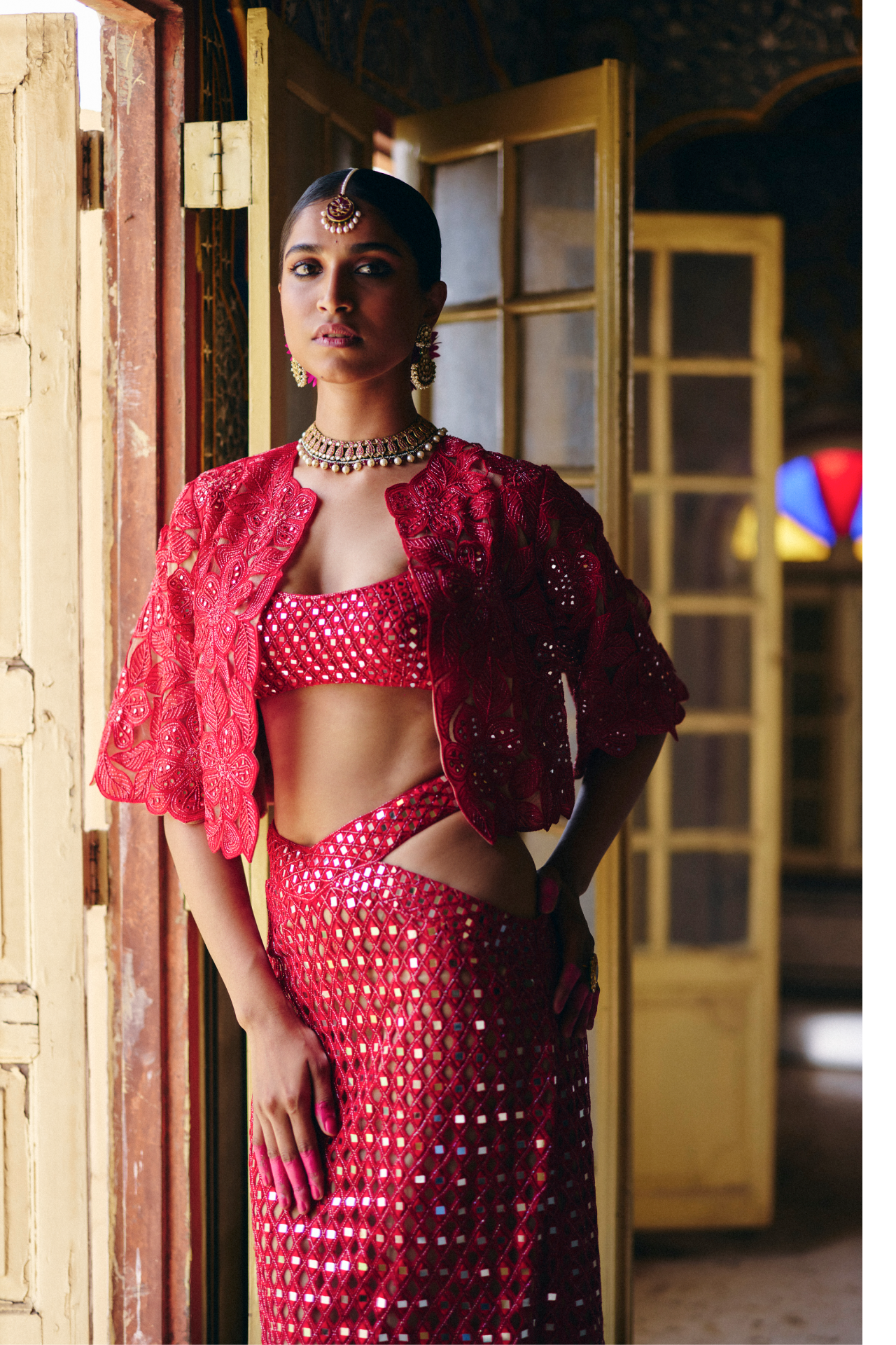 Red Mirror Skirt With Cut Outs
