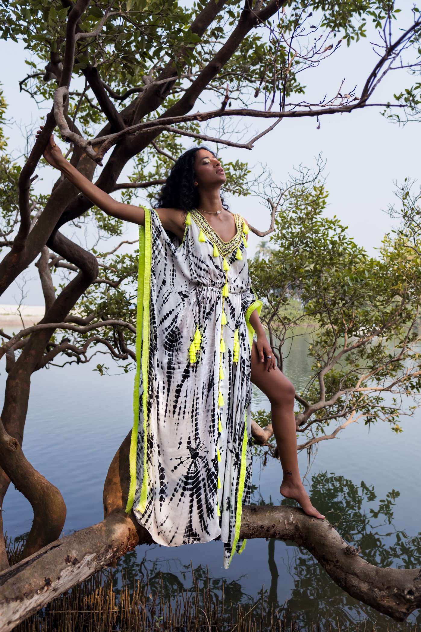 Tie Dye Kaftan With Neon Yellow Tassels