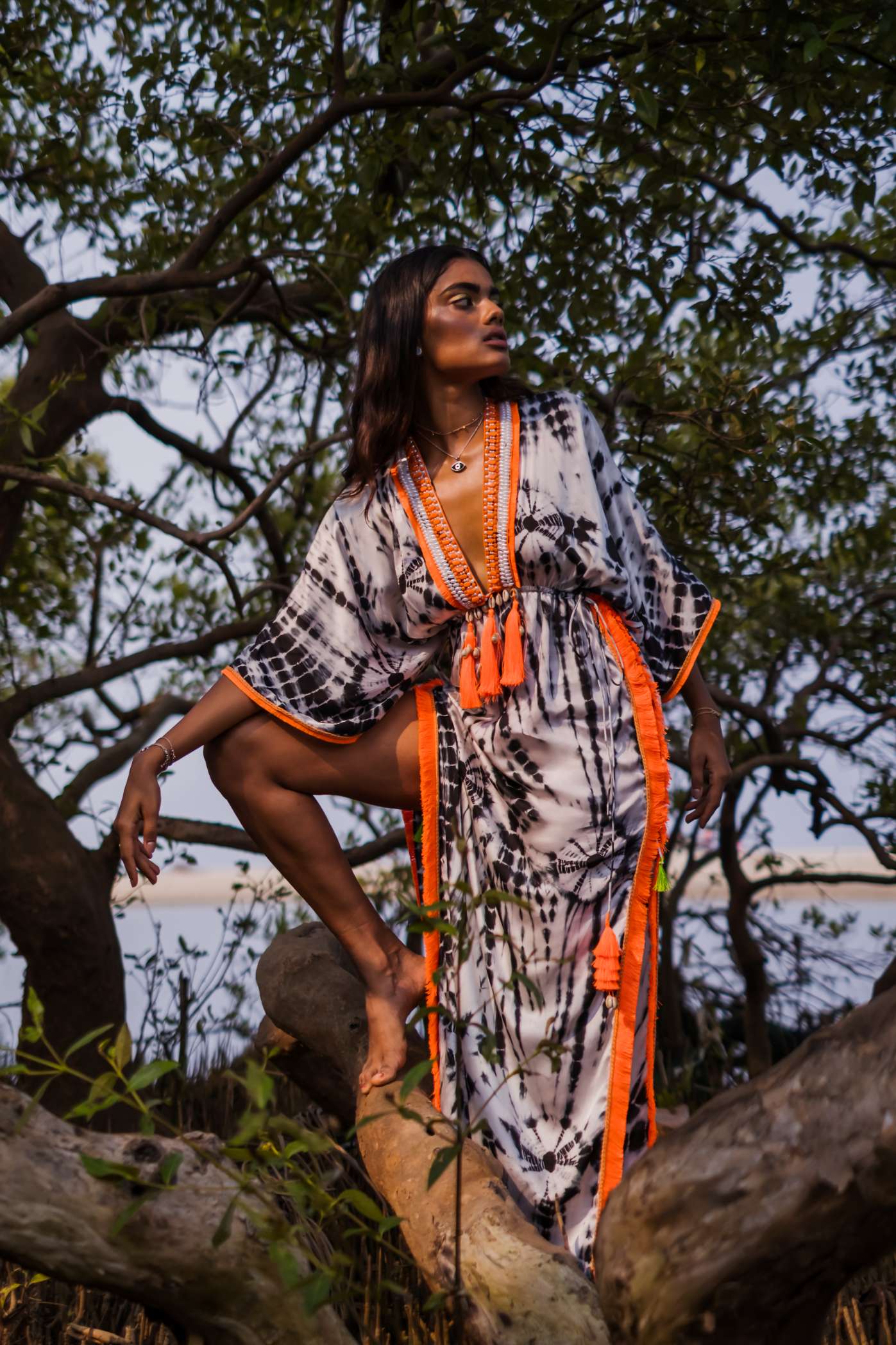 Tie Dye Kaftan With Neon Pink Tassels
