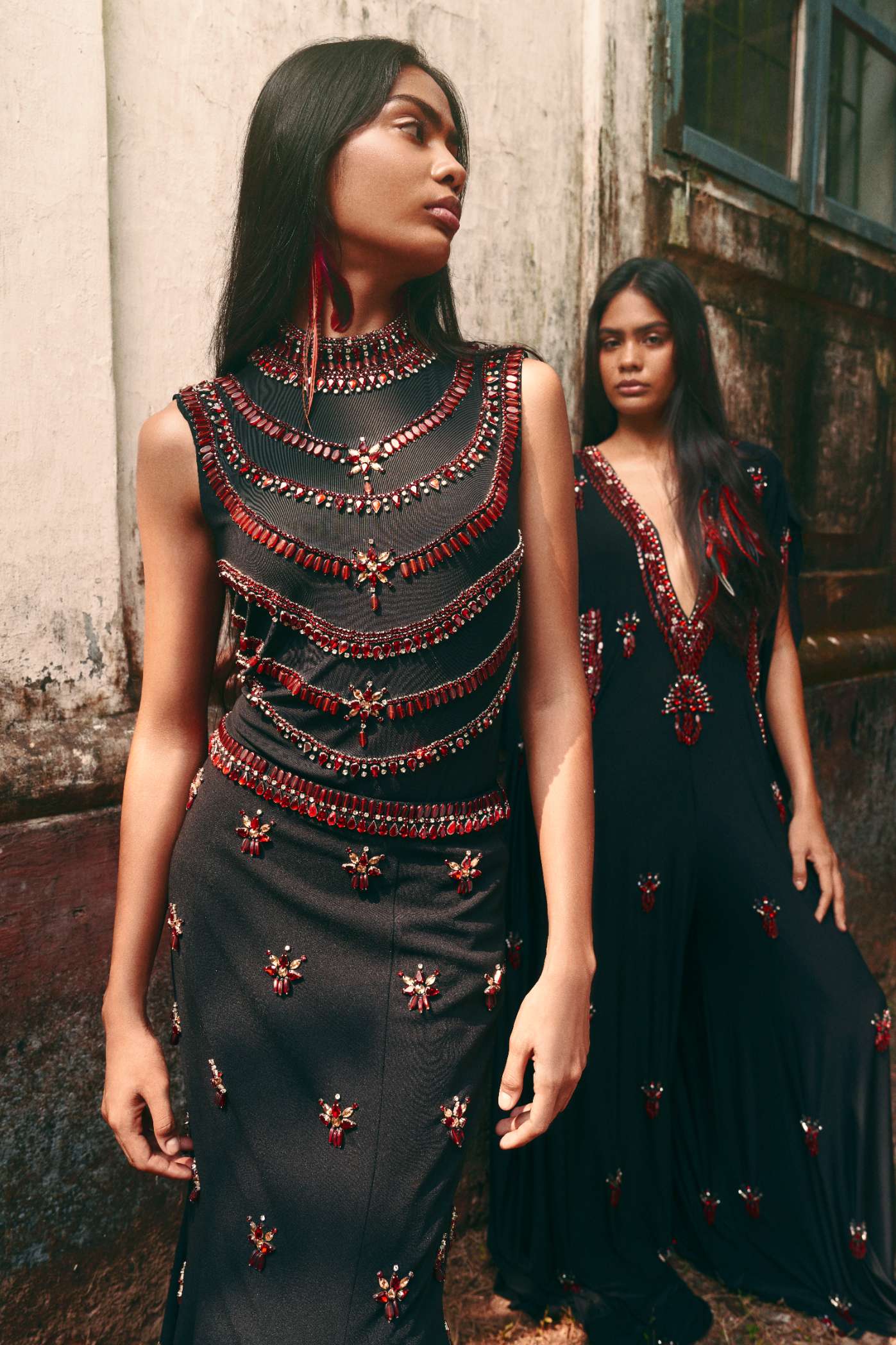 Black Scuba Georgette Panelled Skirt with Ruby Embroidery