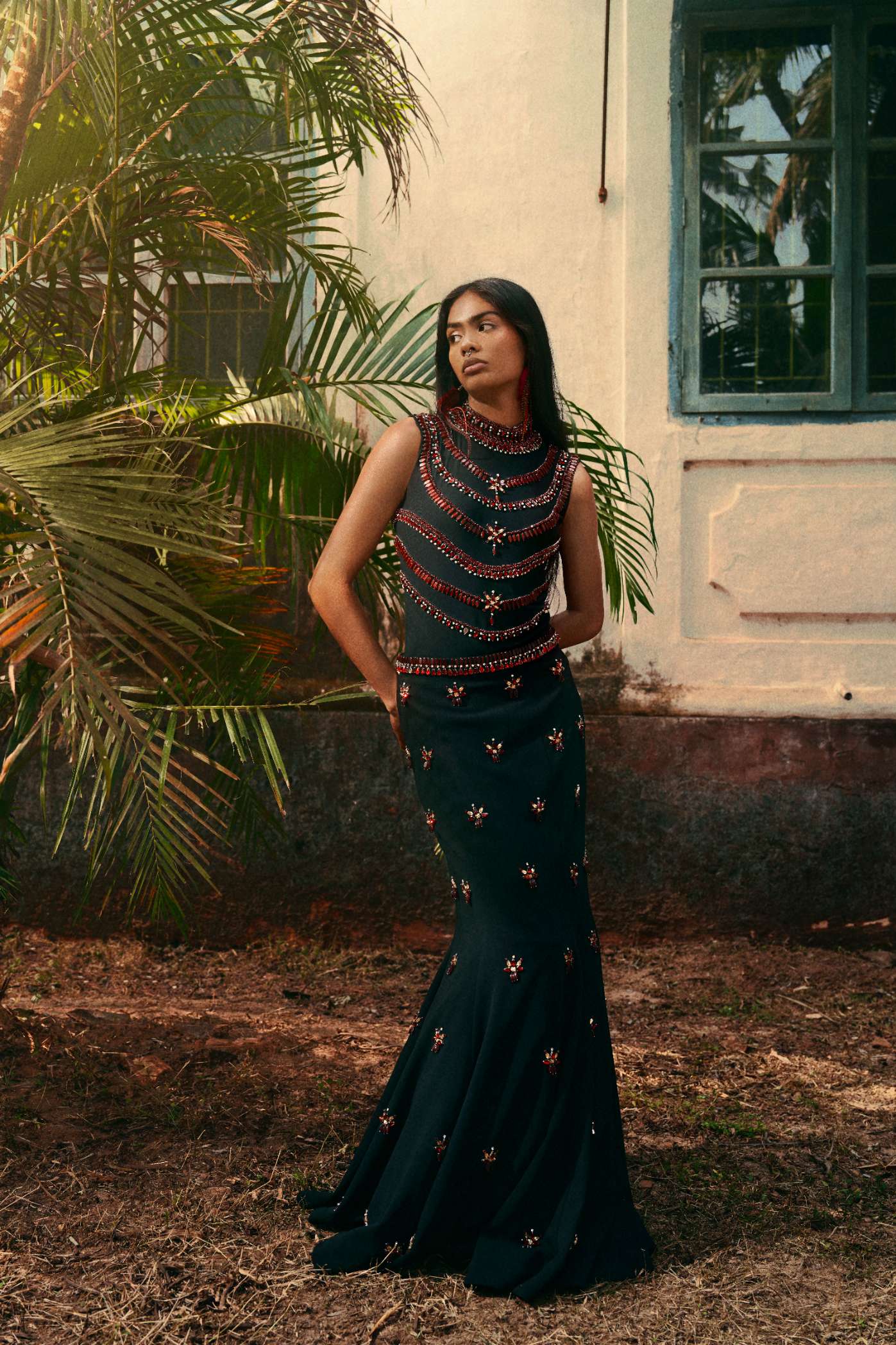 Black Stretch Net Bodysuit with Ruby Embroidery