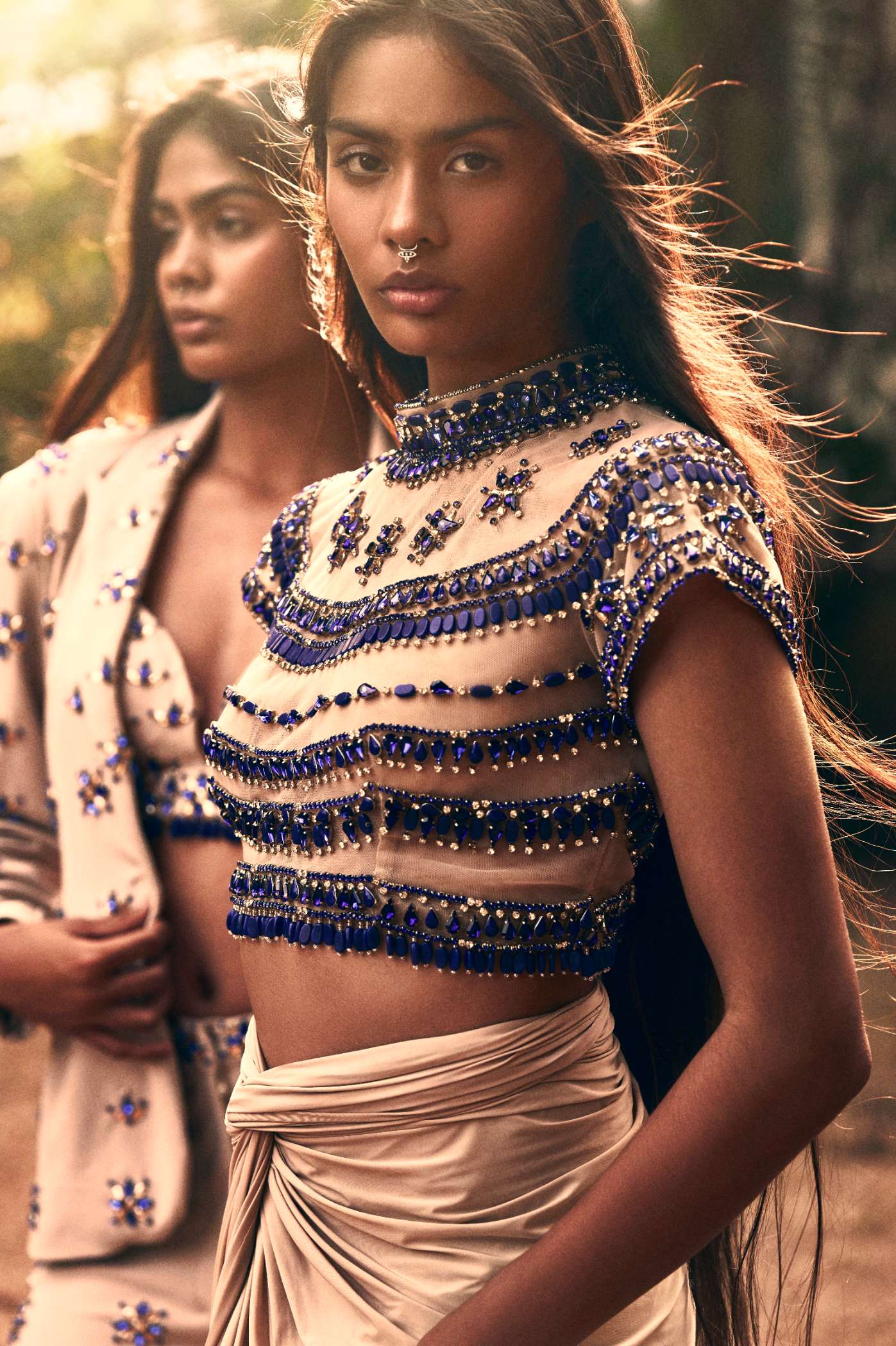 Nude Net Crop Top with Blue Stone Embroidery