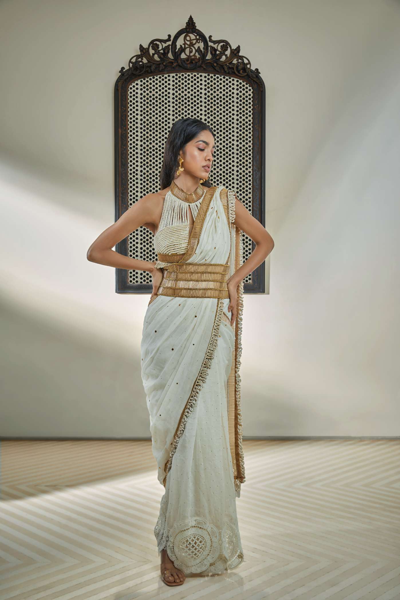 Ivory Mukesh Saree With Crochet
