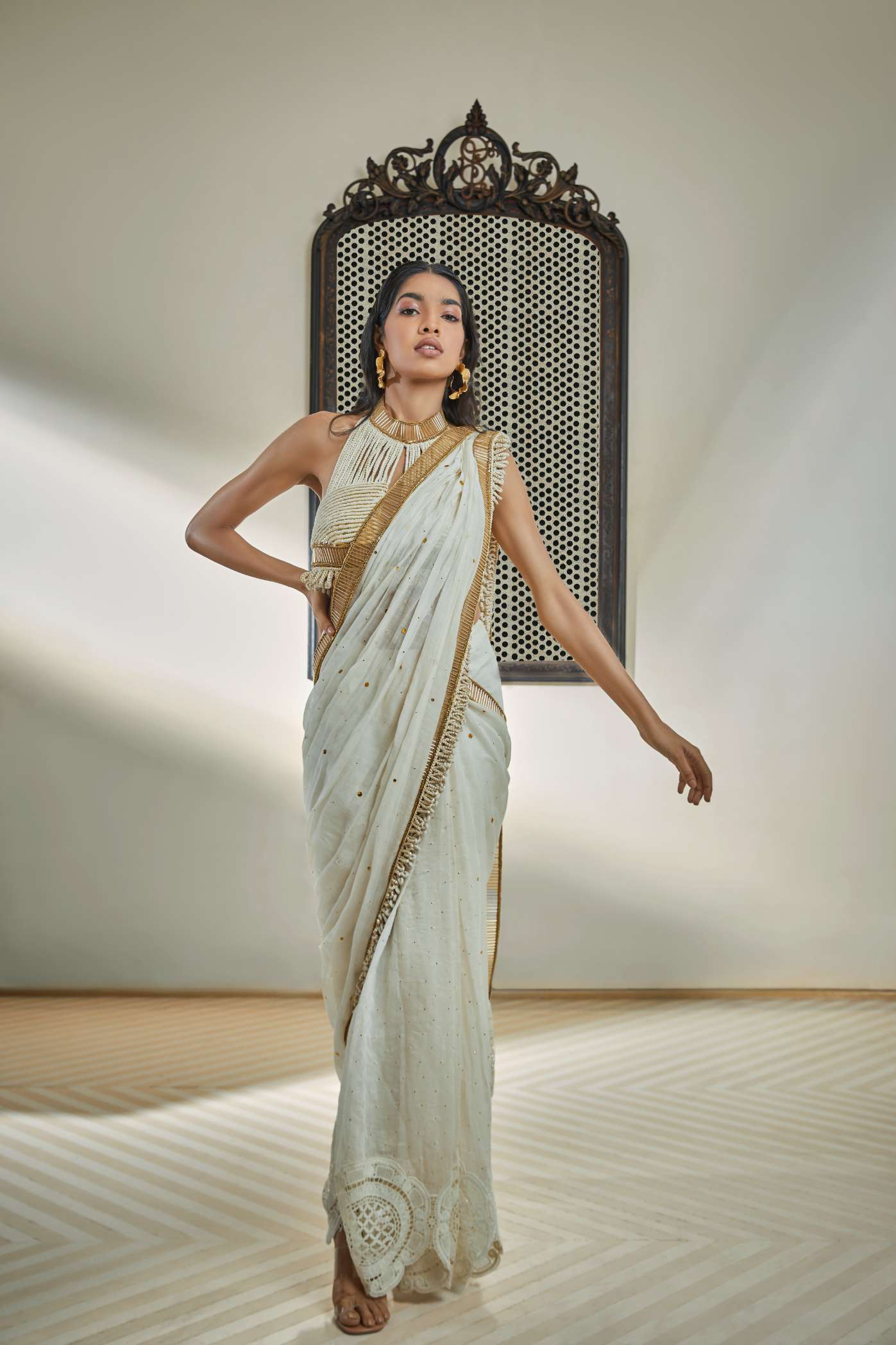 Ivory Mukesh Saree With Crochet