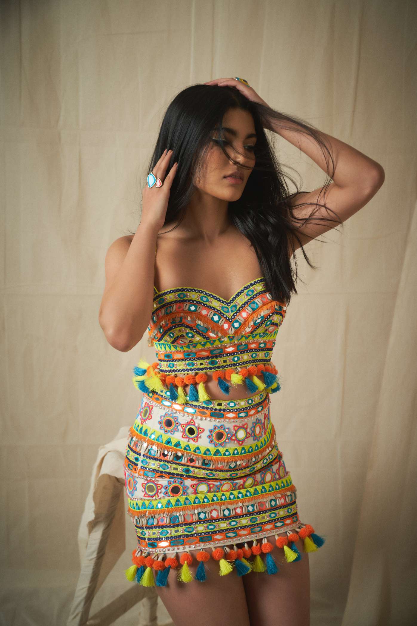 Ivory Multicoloured Mirror Work Crop Top