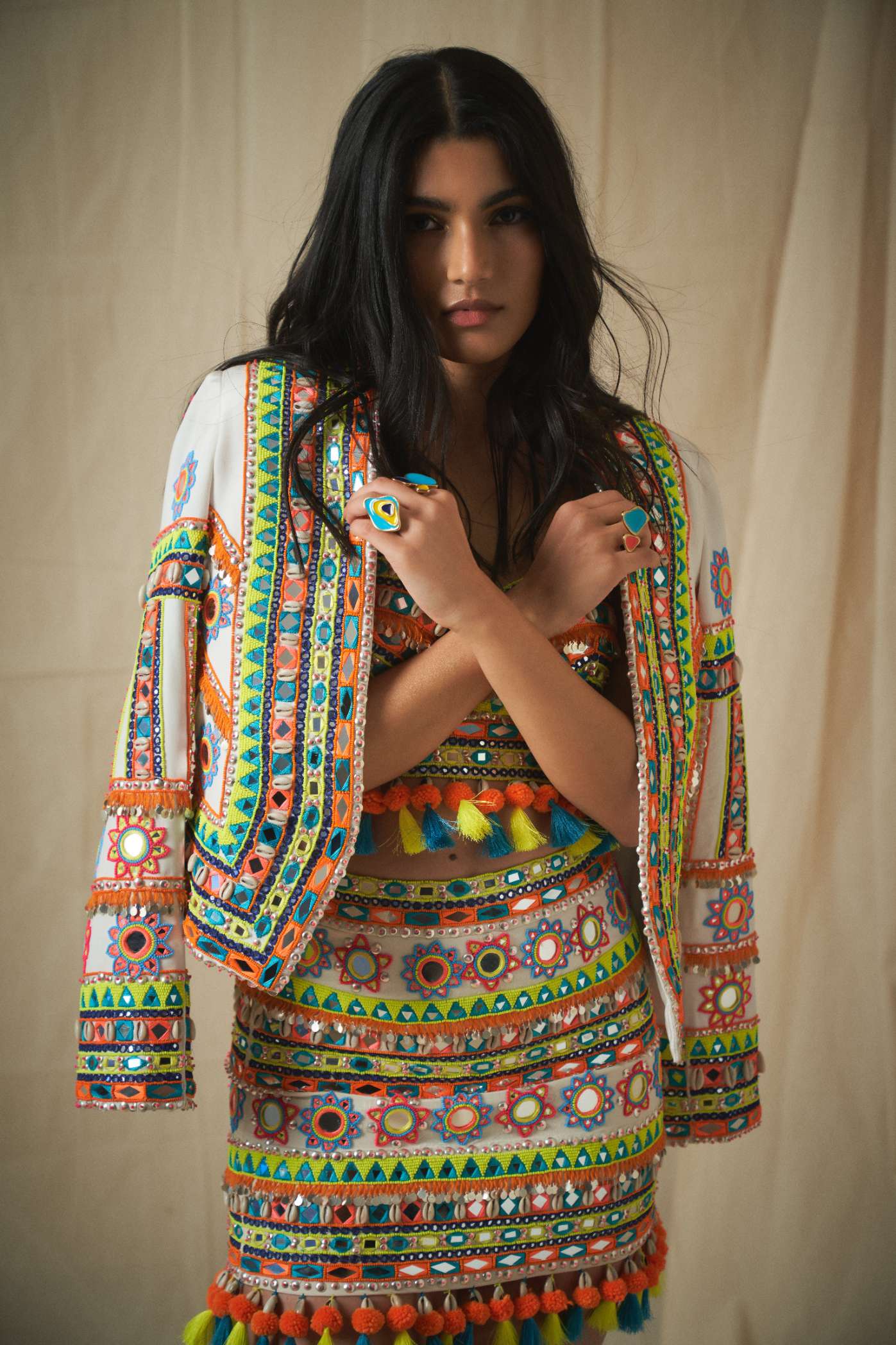 Ivory Multicoloured Mirror Work Short Skirt