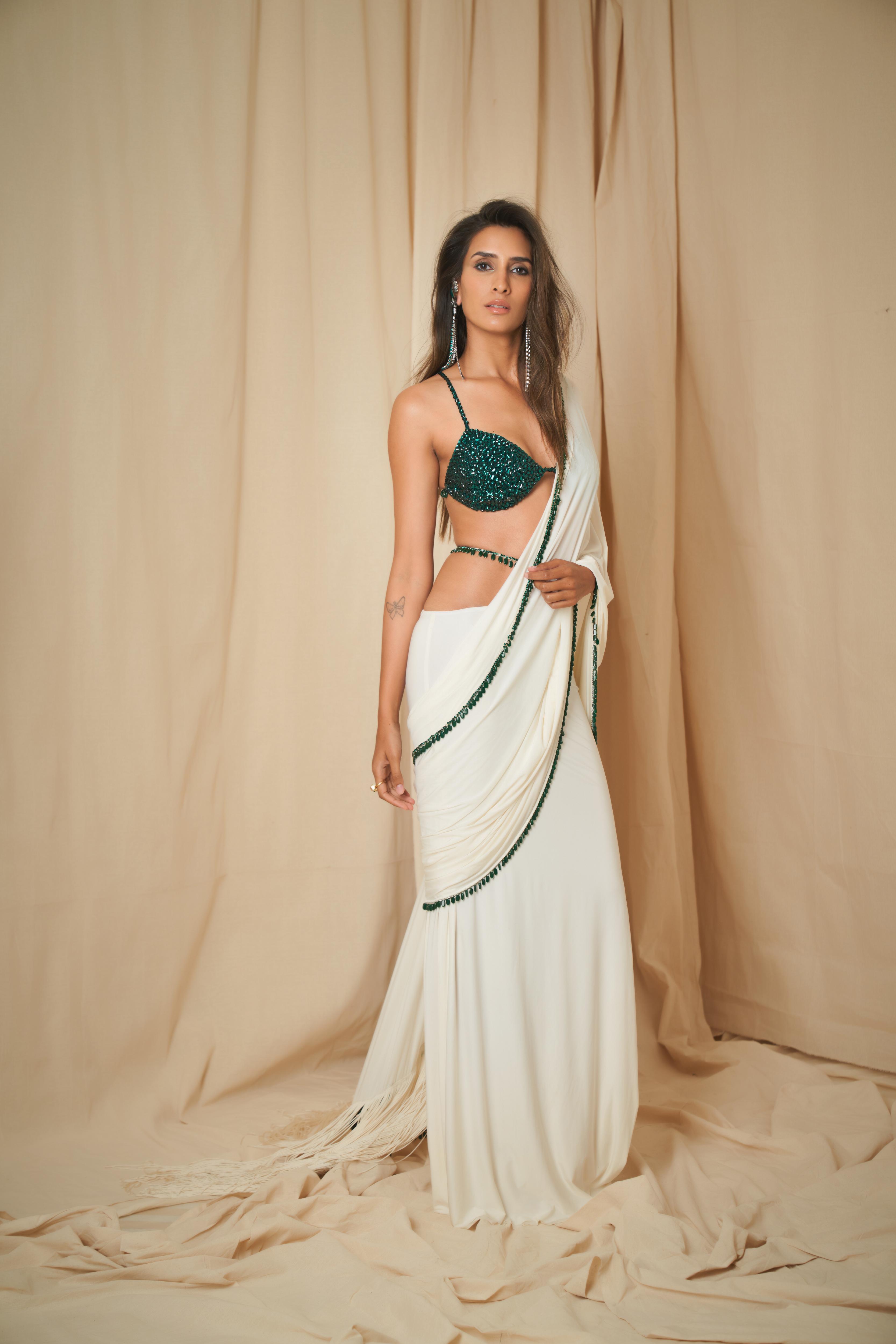 Ivory Drape Garter Saree with Emerald Drops