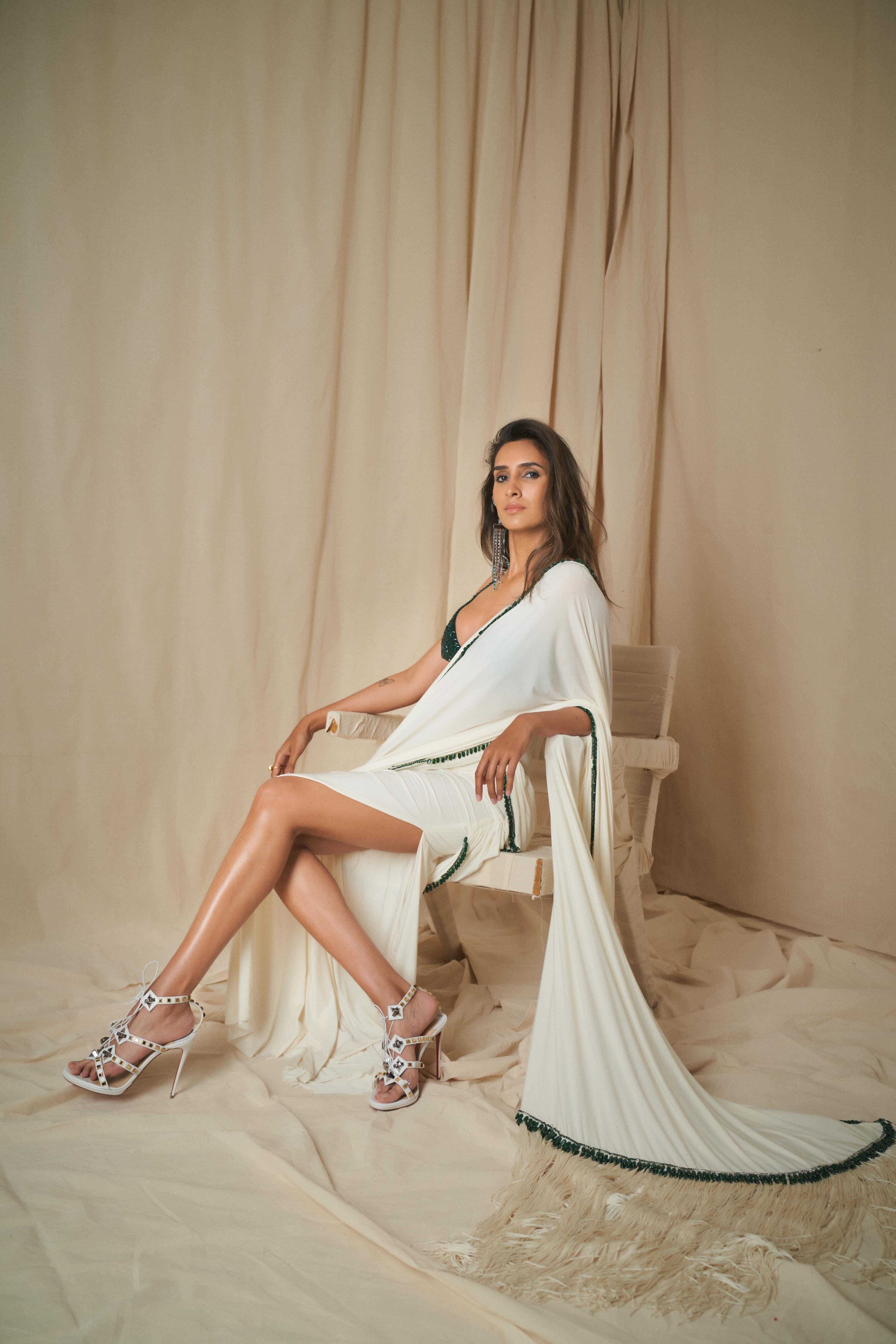 Ivory Drape Garter Saree with Emerald Drops