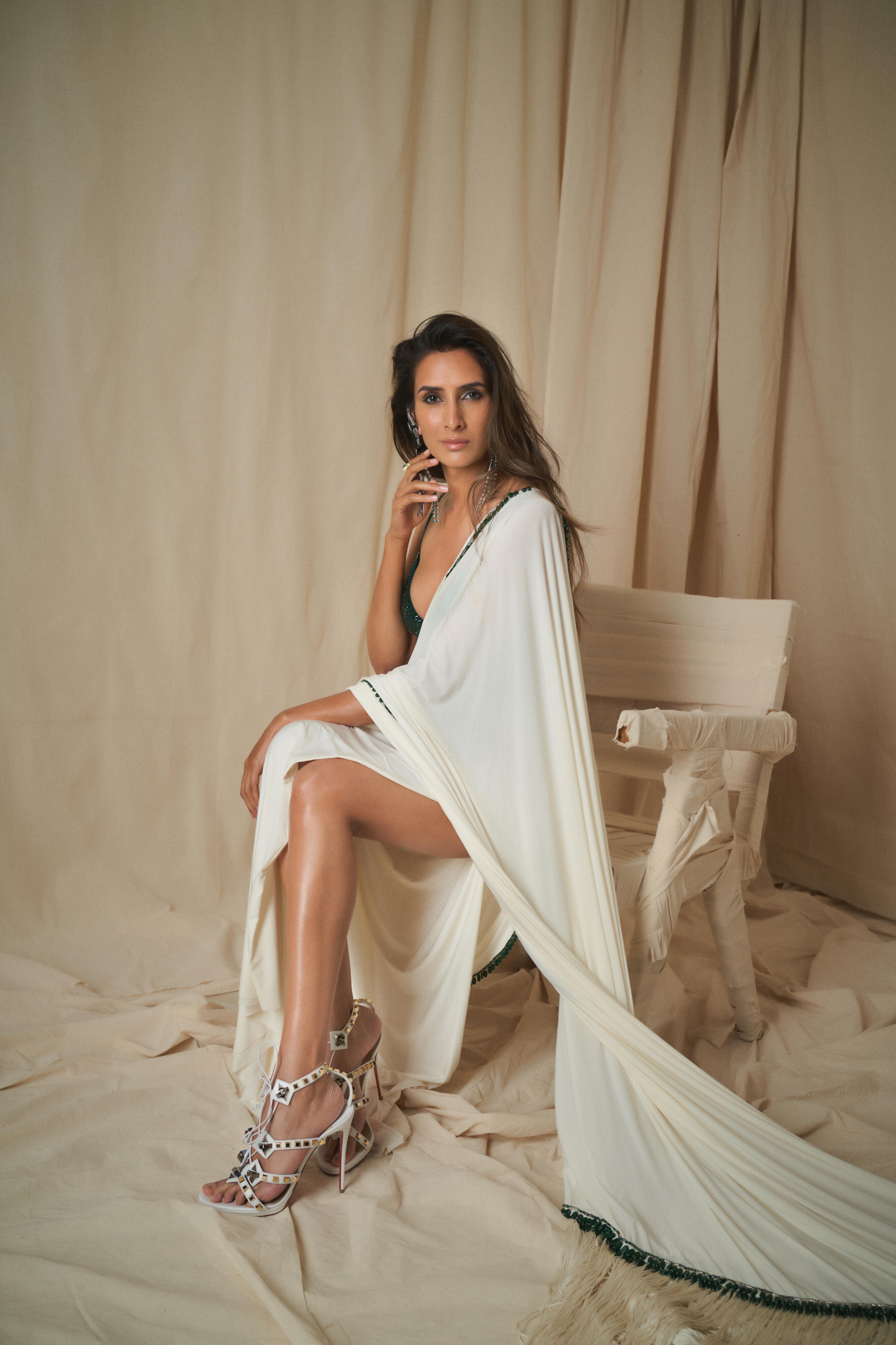 Ivory Drape Garter Saree with Emerald Drops