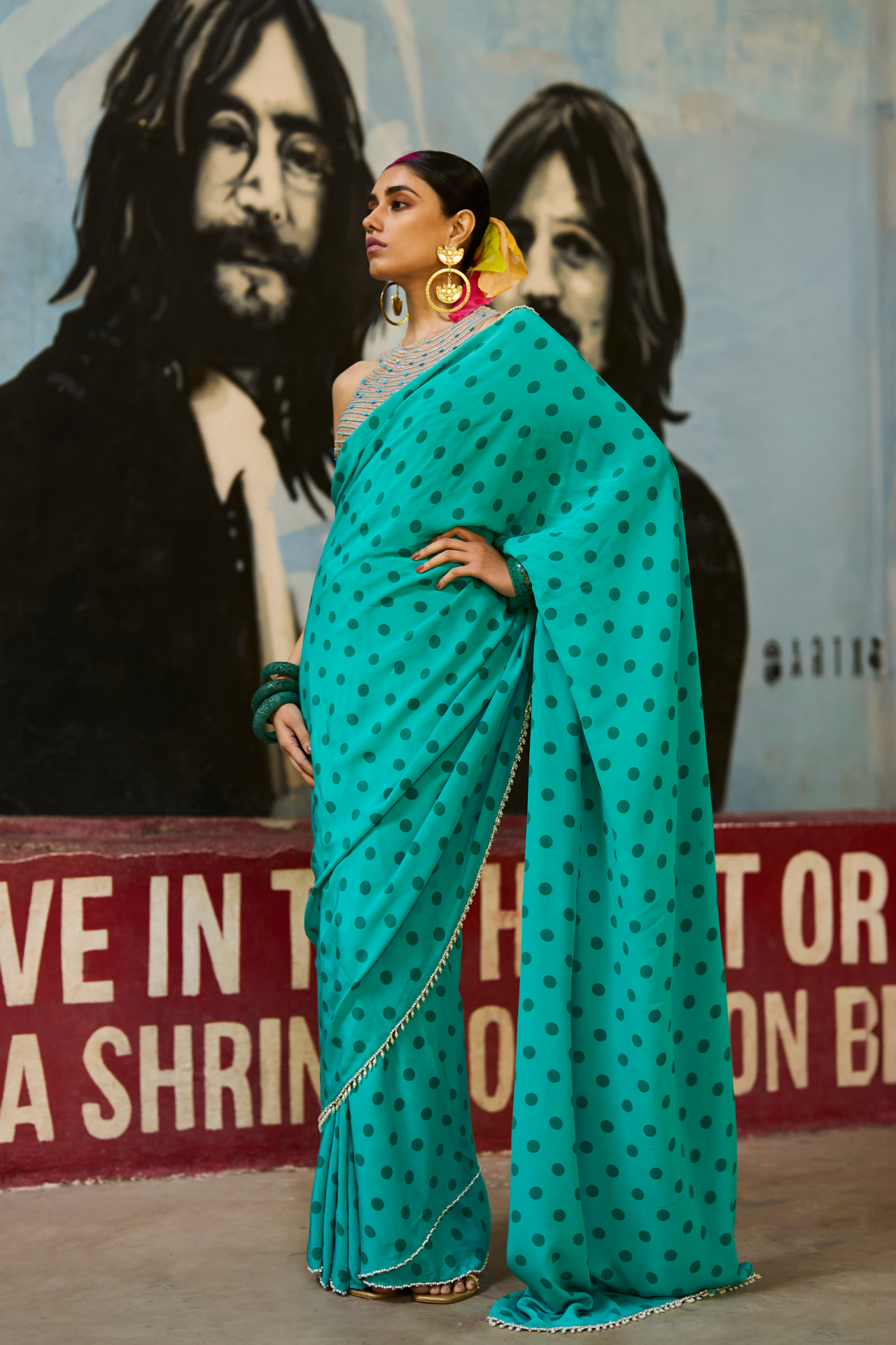 Turquoise Polka Dot Saree With Pearl Hangings