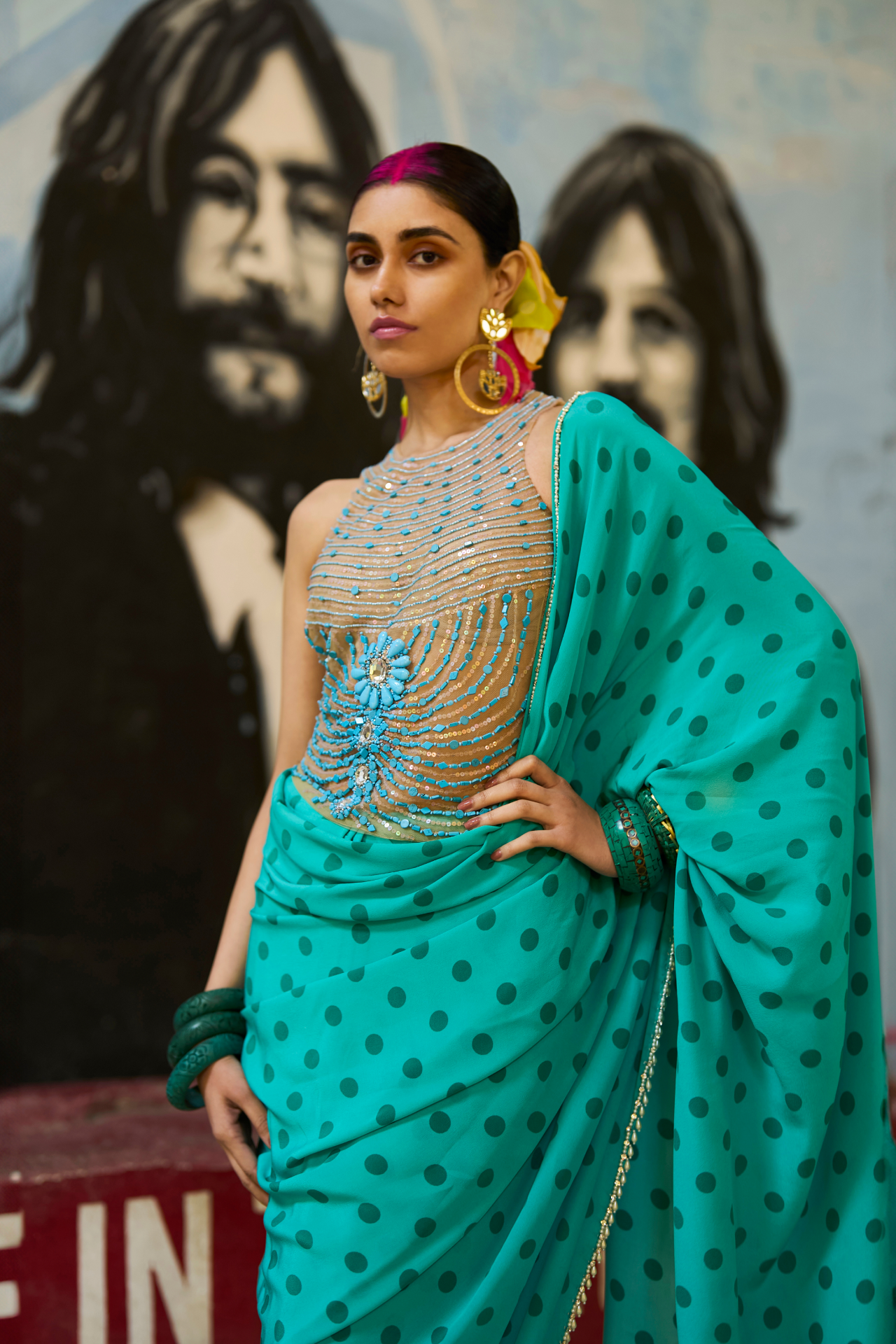 Turquoise Polka Dot Saree With Pearl Hangings