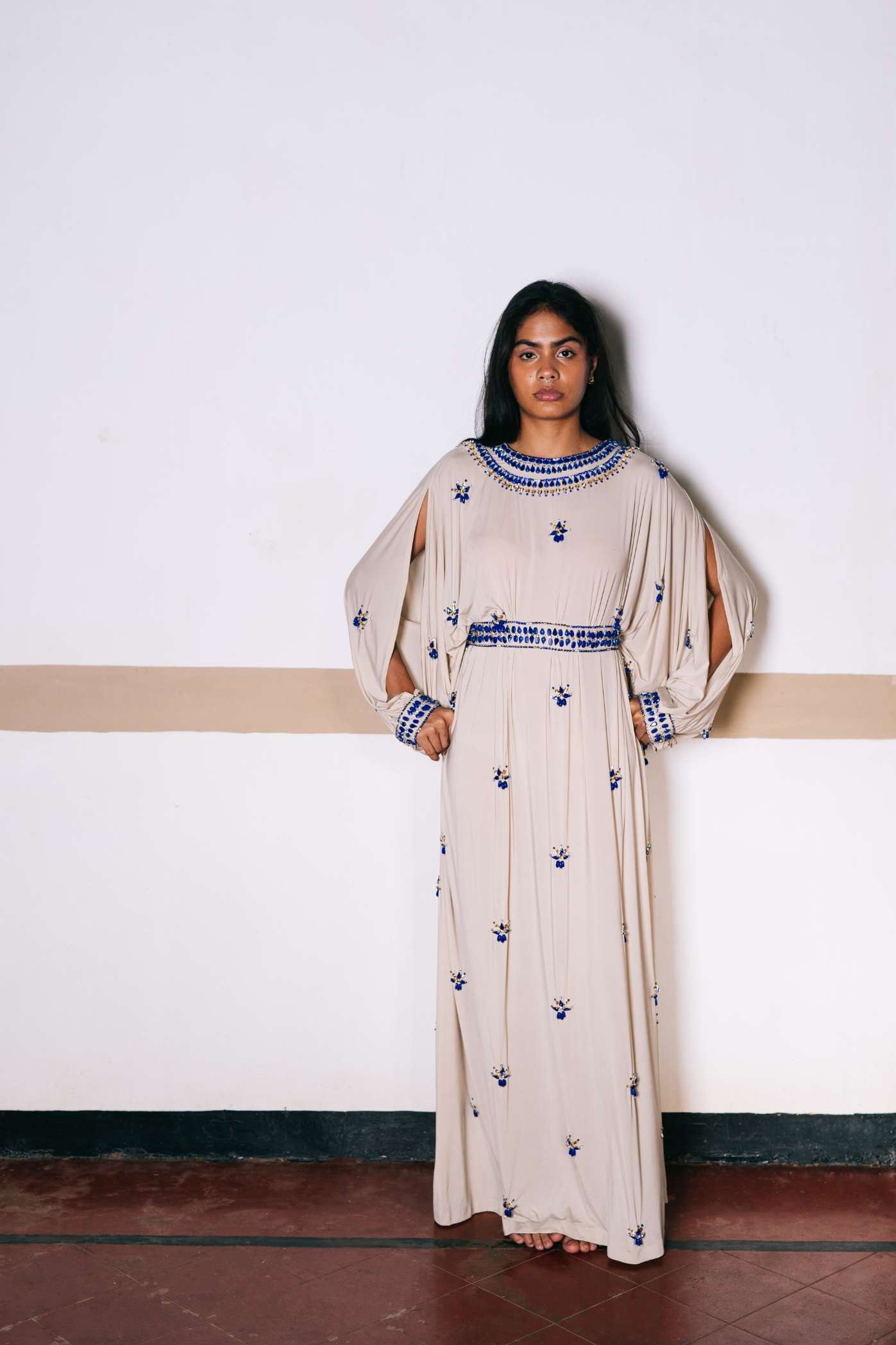 Nude Lycra Kaftan with Blue Stone Embroidery and Embroidered Belt