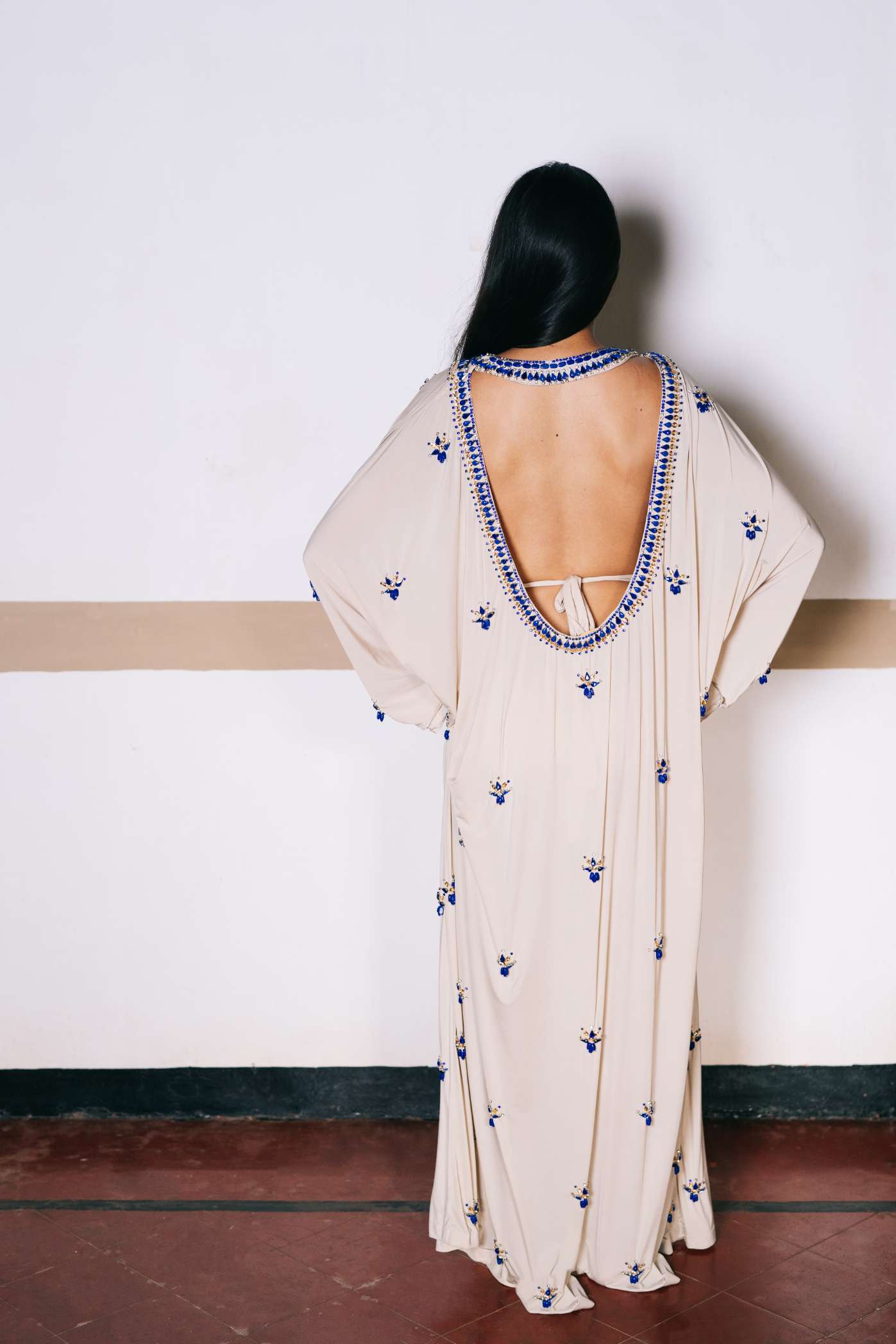 Nude Lycra Kaftan with Blue Stone Embroidery and Embroidered Belt