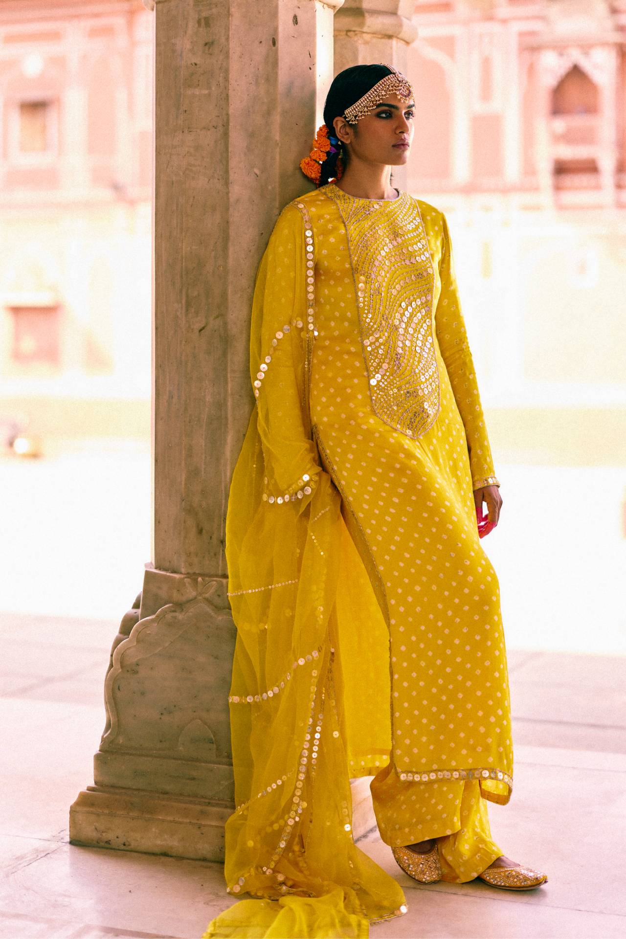 Yellow Kurta With Embroidered Yoke
