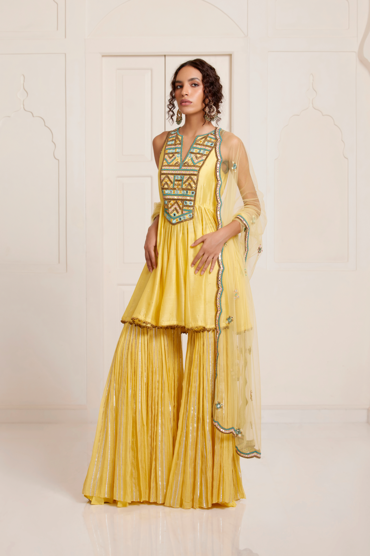 Yellow Net Dupatta With Butti