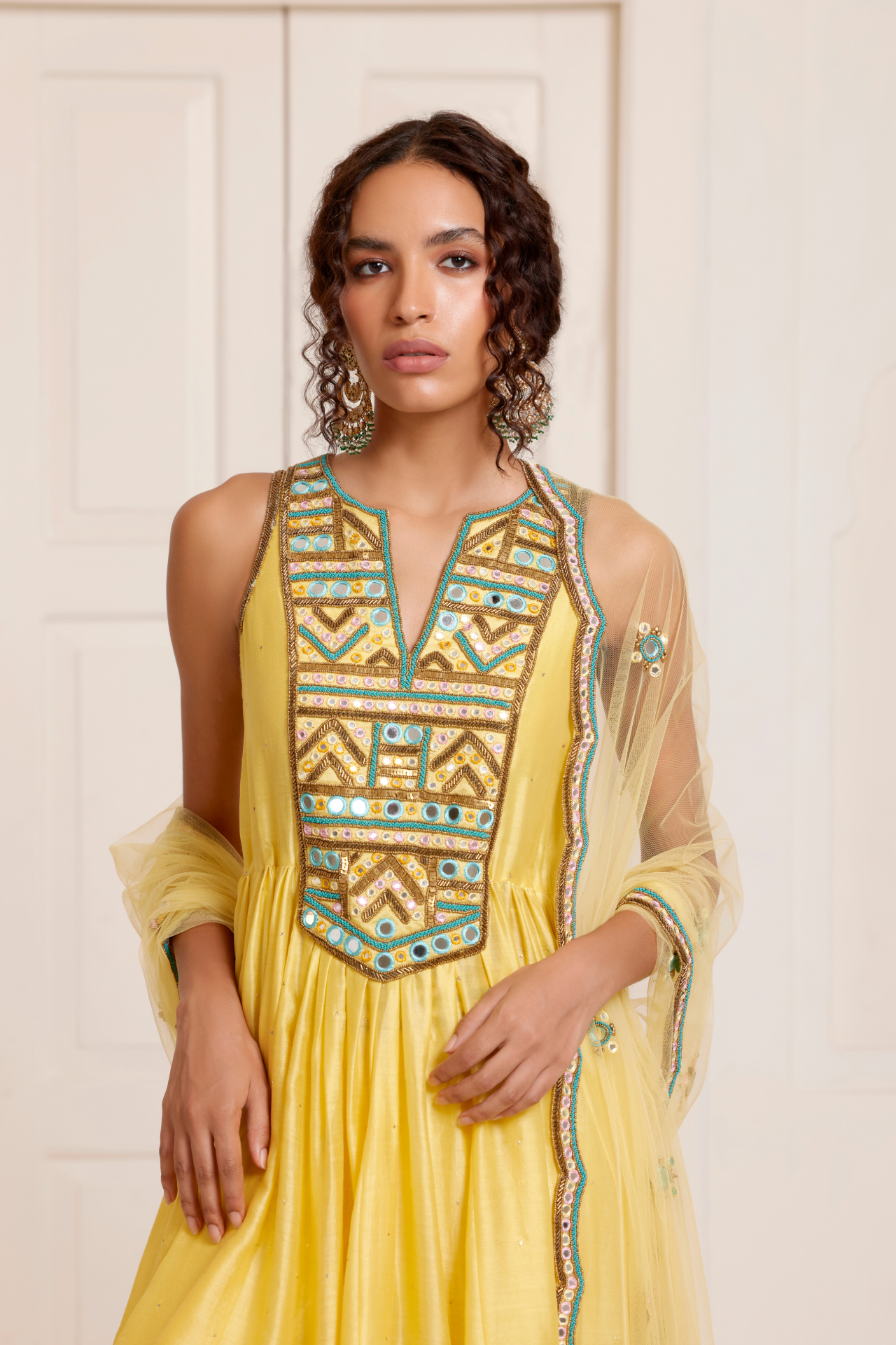 Yellow Net Dupatta With Butti