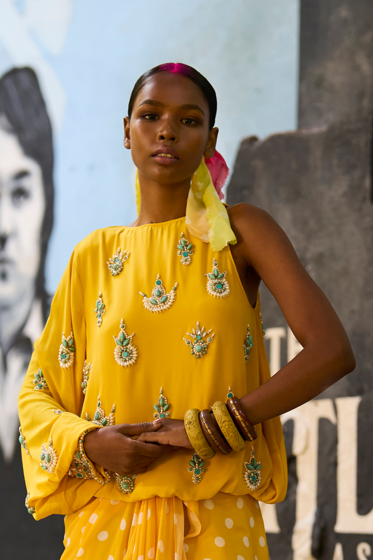 Yellow One-Sleeve Embroidered Top